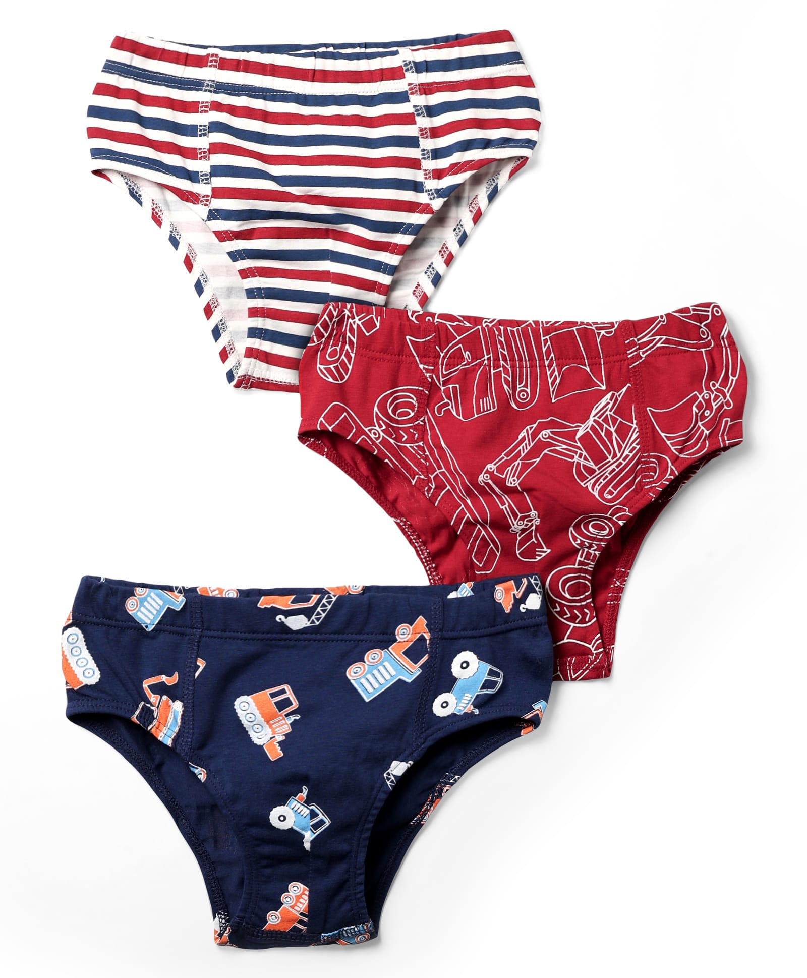 Honeyhap 100% Premium Briefs With Bio Finish Stripes & Construction Vehicle Print Pack Of 3 - Savy Red Bright White & Navy Peony-image-9