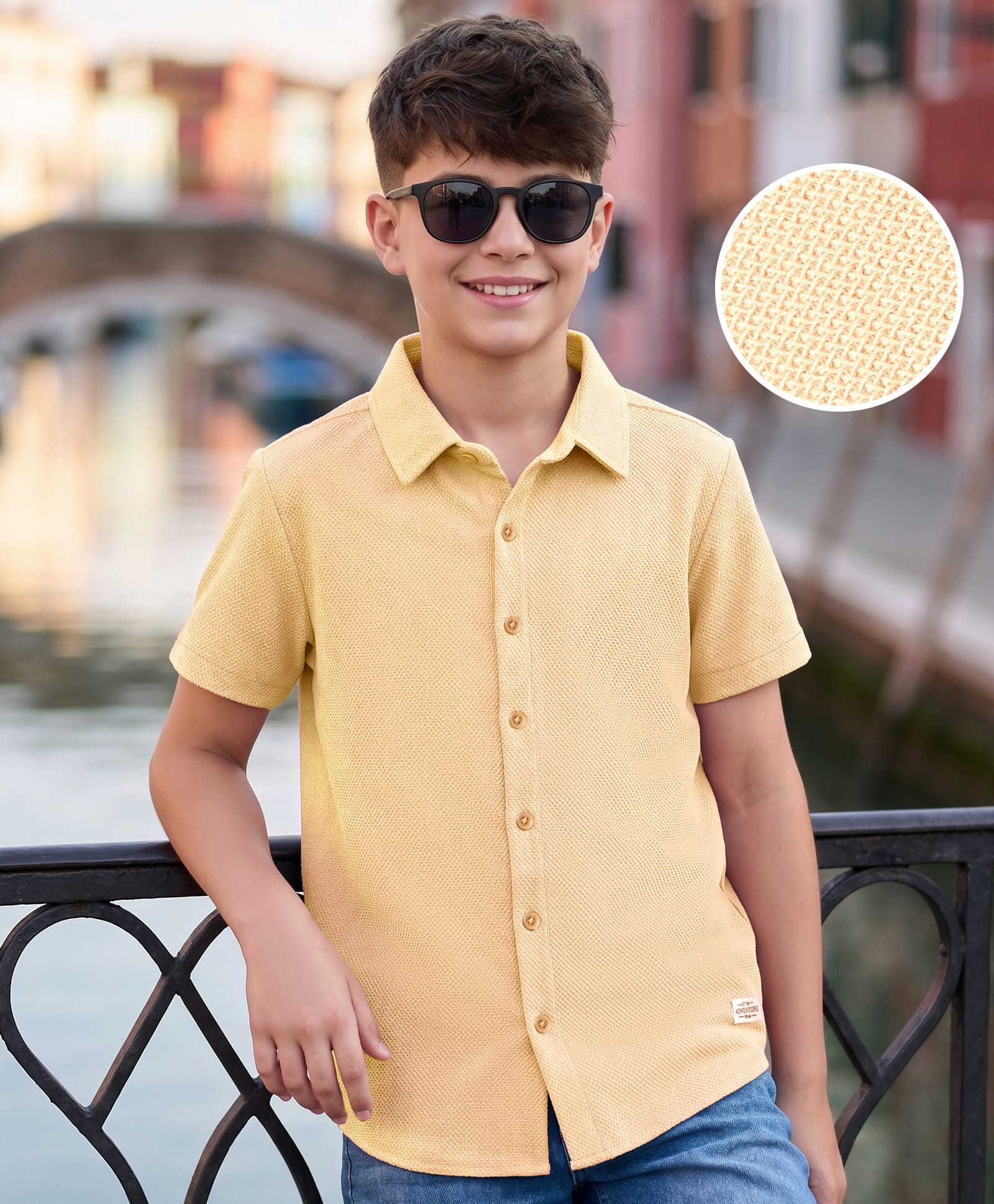 Kookie Kids Knit Half Sleeves Solid Resort Collar Shirt - Peach-image-27