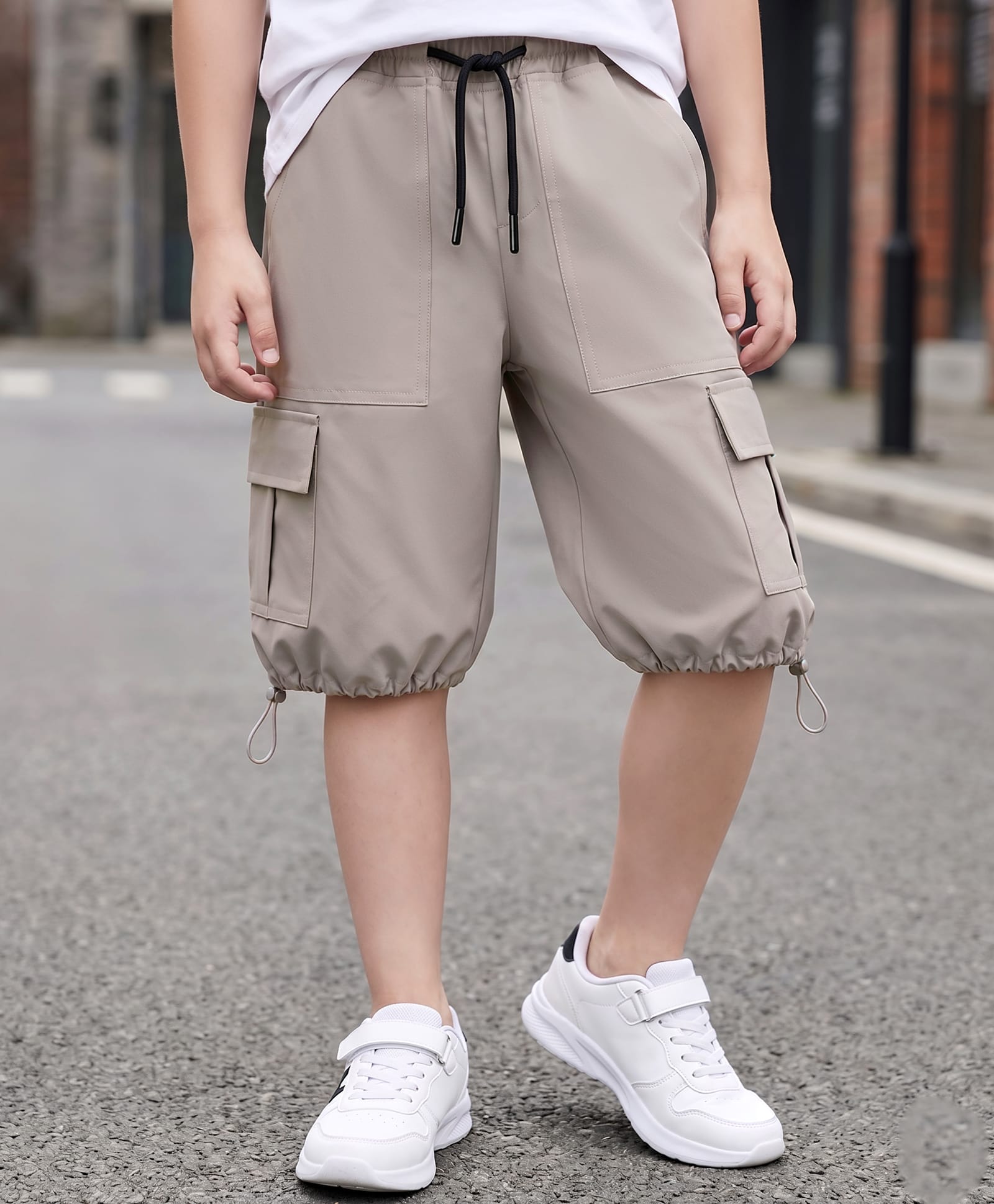 Kookie Kids Woven Solid Baggy Fit Parachute Style Shorts with Cargo Pockets - Beige-image-41
