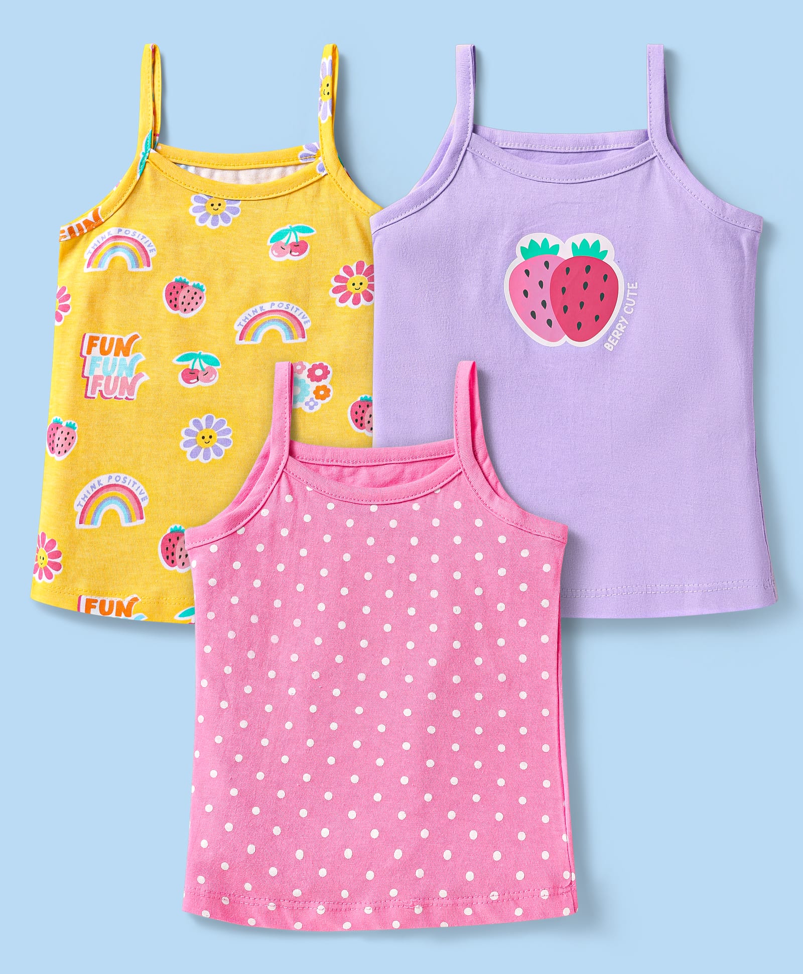 Babyhug 100% Cotton Single Jersey Knit Sleeves Antibacterial Slips With Polka Dots & Rainbow Print Pack Of 3 - Pink Purple & Yellow-picture-15