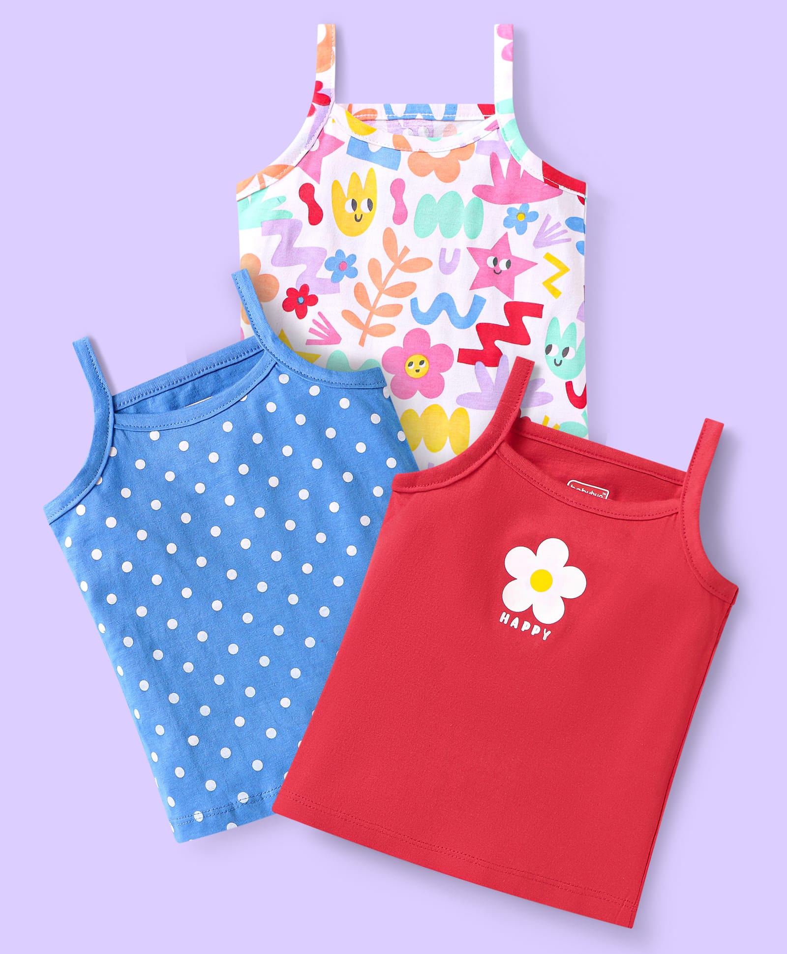 Babyhug 100% Cotton Singlet AntibacterialSlips with Polka Dot & Floral Print Pack of 3 - Red