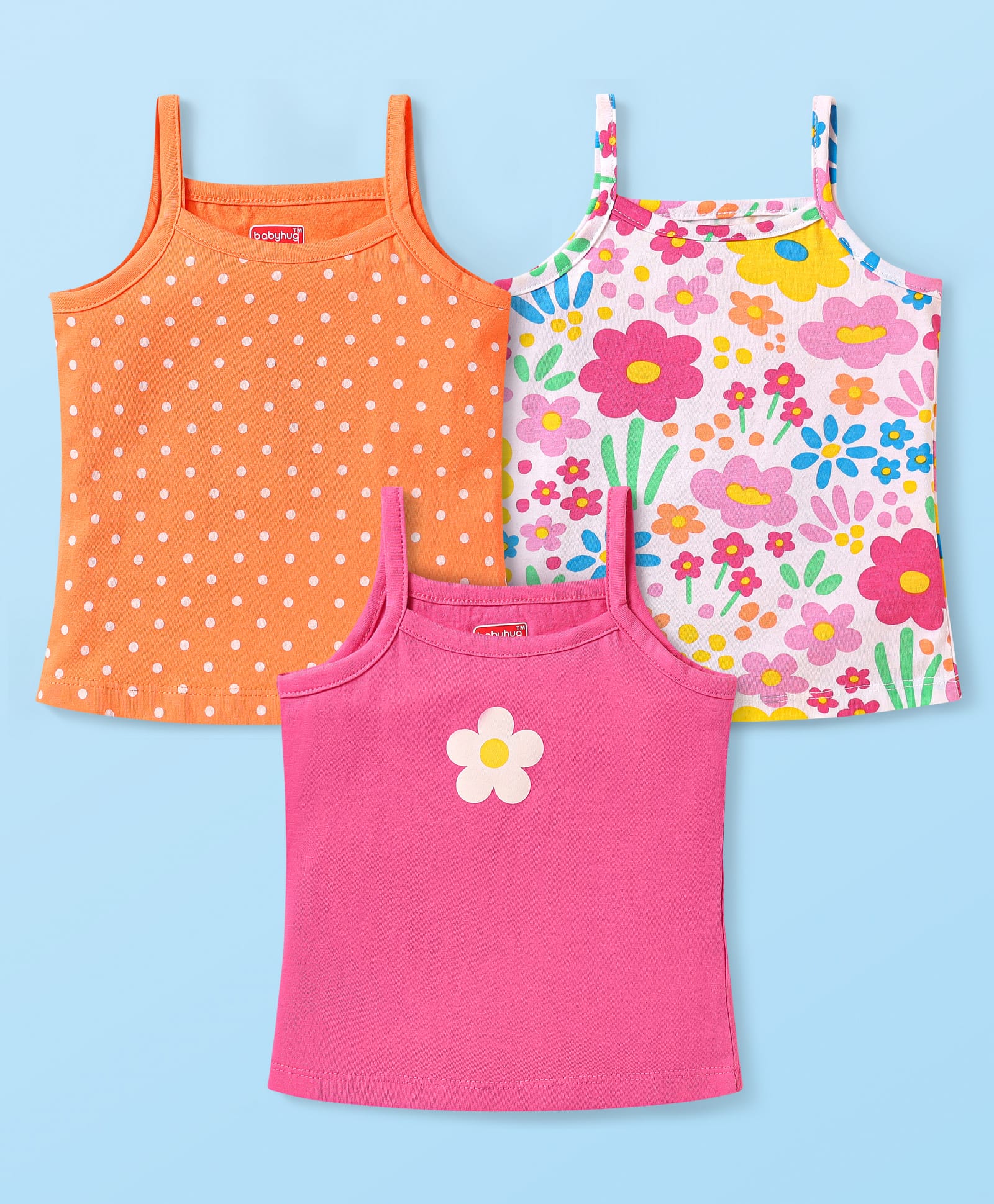 Babyhug 100% Cotton Single Jersey Knit Sleeves Antibacterial Slips With Floral & Polka Dot Prints Pack Of 3 - Orange Pink & White-picture-23