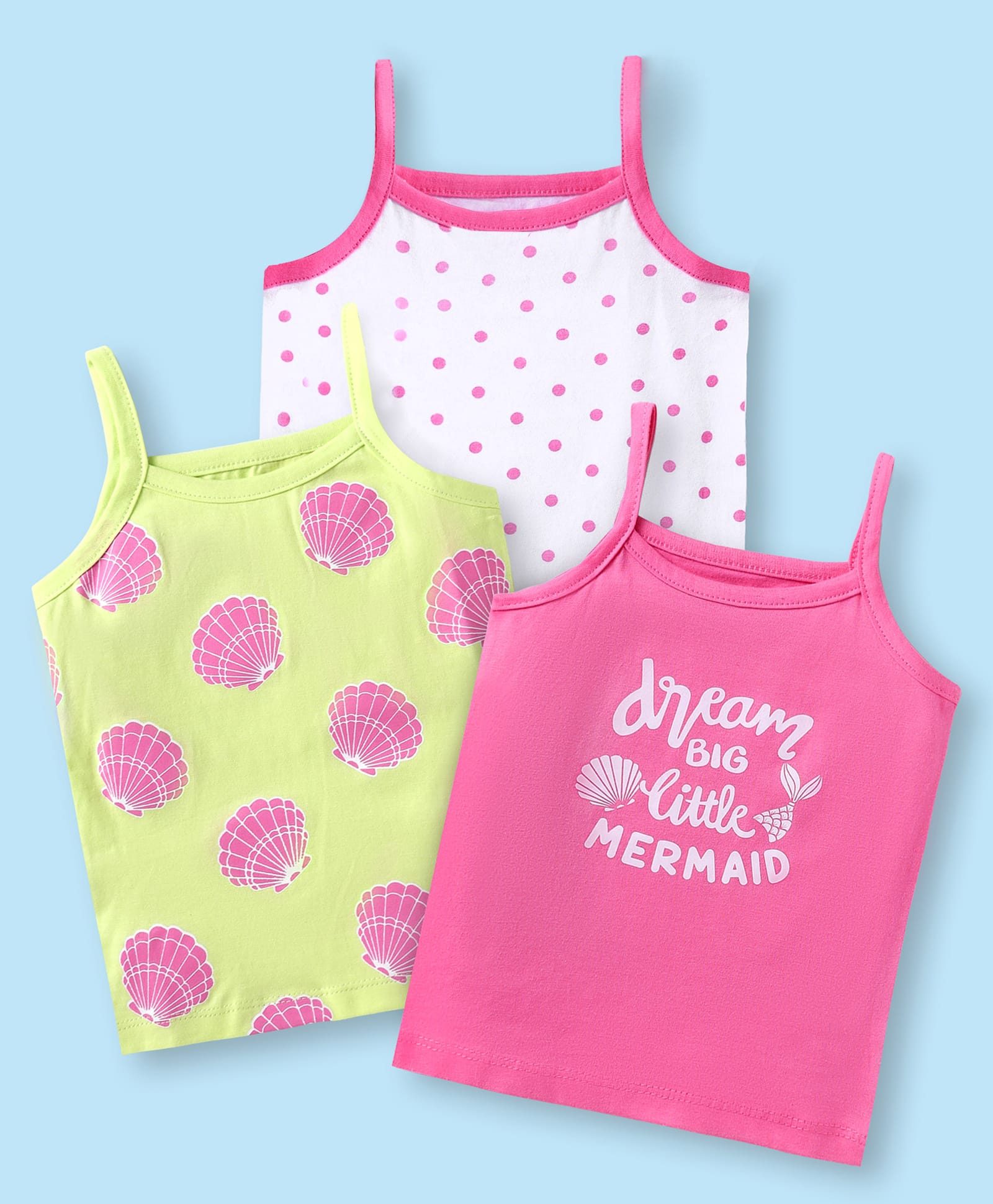 Babuhug 100% Cotton Knit Sleeveless Antibacterial Slips with Polka Dots & Text Print Pack of 3 - Dark Pink White & Neon Green-image-22