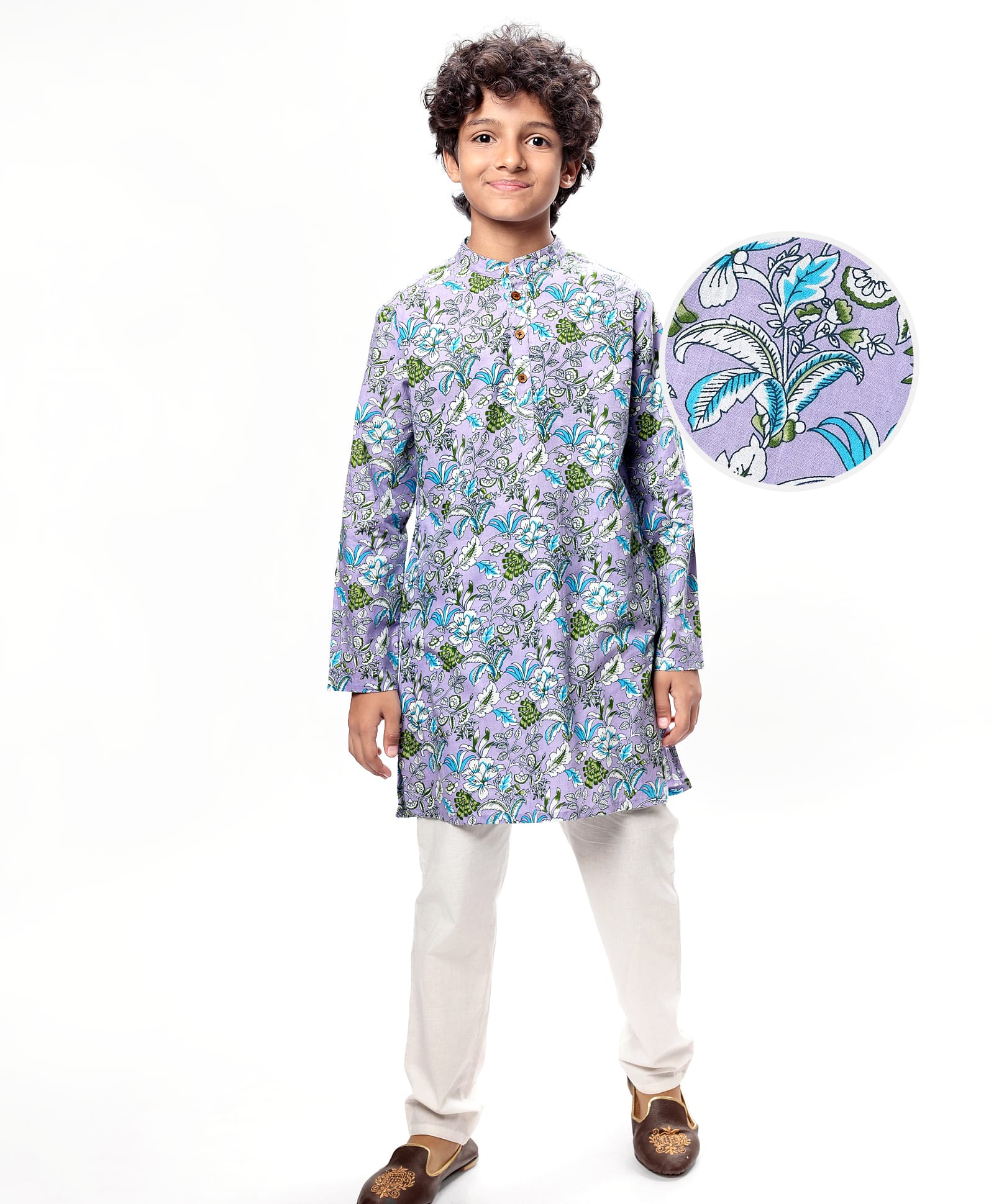 Pine Kids Cotton Woven Full Sleeves Kurta & Pyjama With Floral Print - Lilac-picture-28