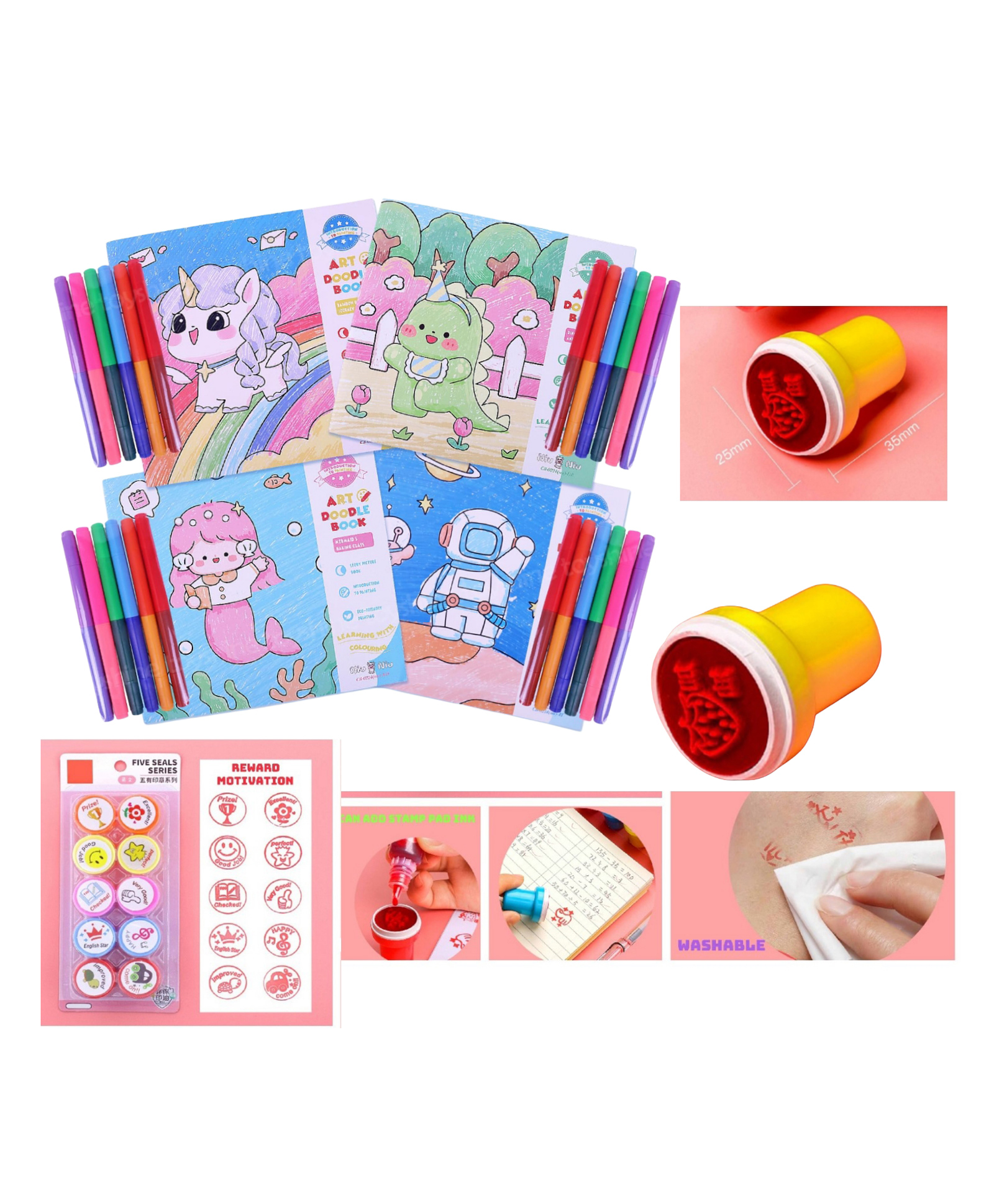 Sanjary Cartoon Theme Art Doodle Book along with Cute Smiley and Reward Motivation Emoji Seal 10 different Stamper for Kids color design may vary-image-25