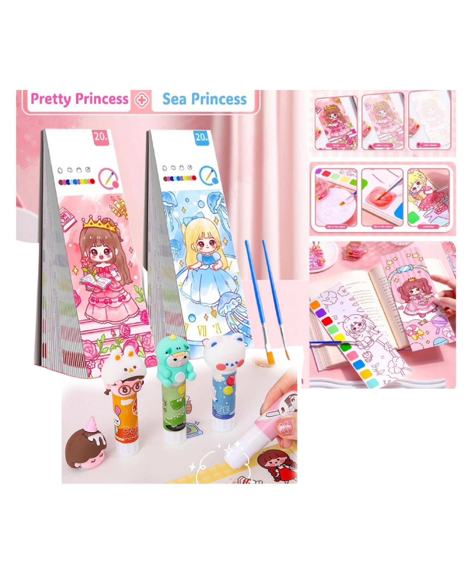 Sanjary Cute Theme 20 Sheets Watercolor Coloring Book 2in1 Painting and Drawing Book with Paint Brush and Glue Stick, for Kids color design may vary-image-25