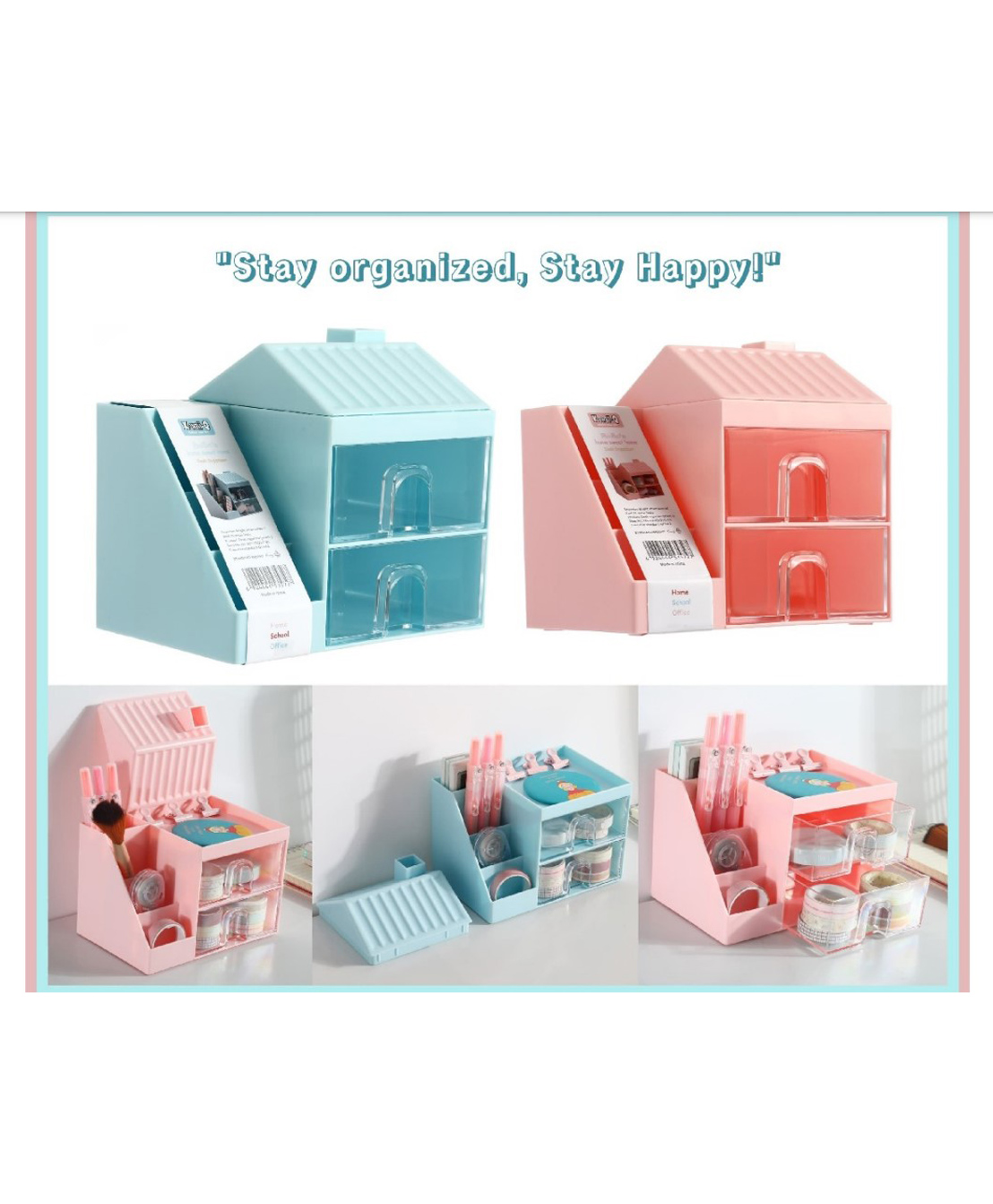 Sanjary House Design Desk Organizer with Drawer Desktop Office Stationery Storage Box color design may vary-image-28