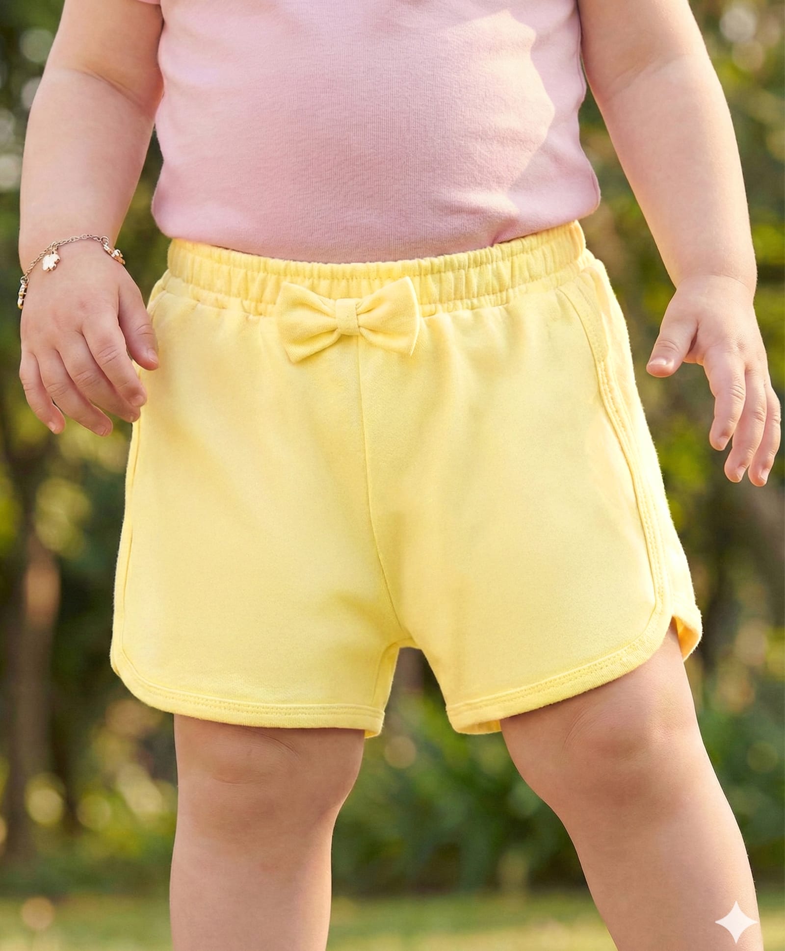 Babyoye Cotton Terry Lycra Knit Solid Shorts With Bow Applique - Yellow-image-14