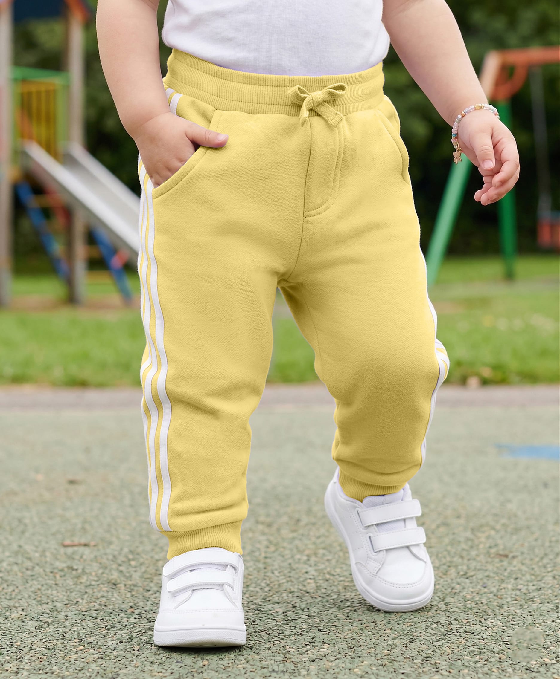 Babyoye Eco Conscious Cotton Terry Lycra Knit Full Length Lounge Pant with Tape Detailing - Yellow-picture-17