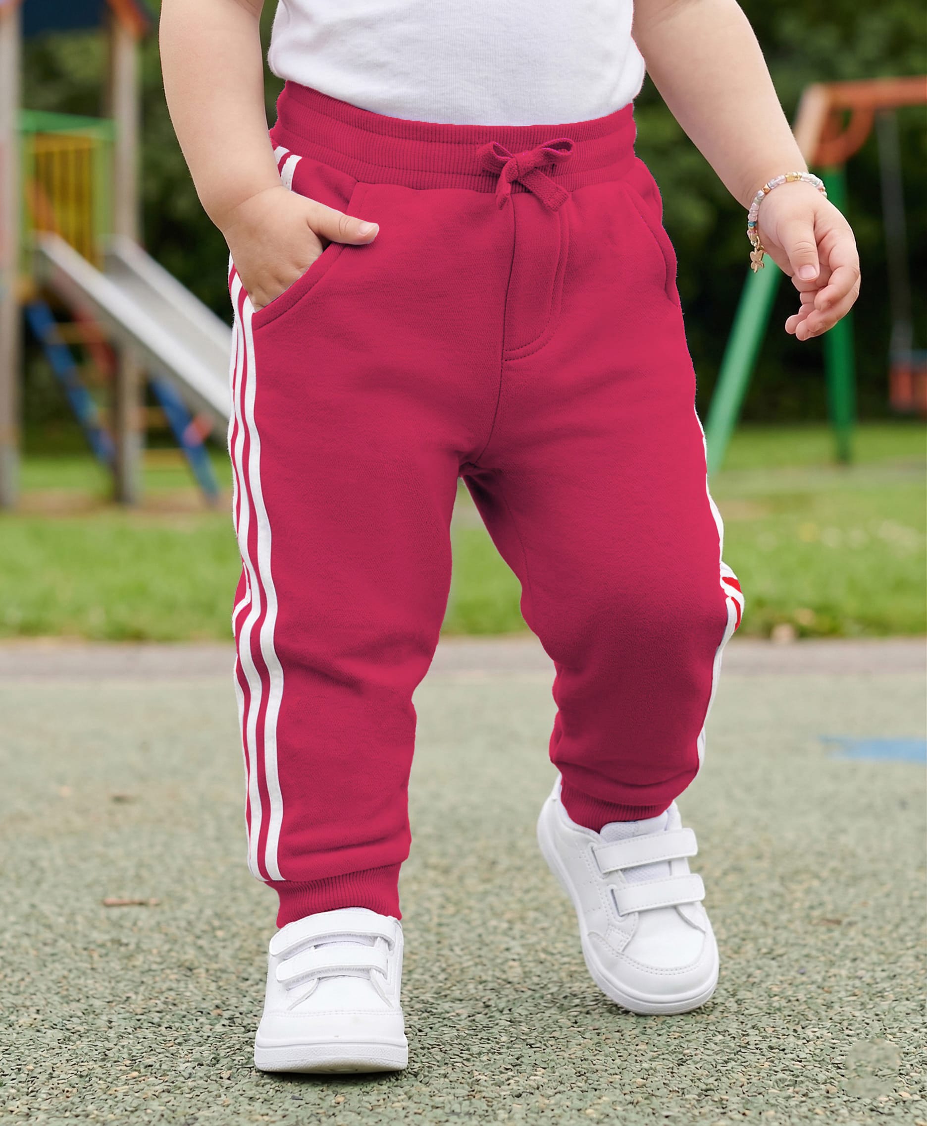 Babyoye Eco Conscious Cotton Terry Lycra Knit Full Length Lounge Pant with Tape Detailing - Dark Red-image-37