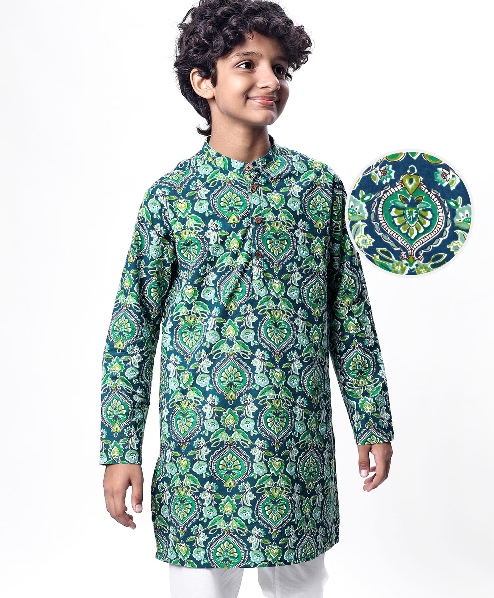 Pine Kids Cotton Woven Full Sleeves Kurta & Pyjama With Floral Print - Dark Green-picture-42