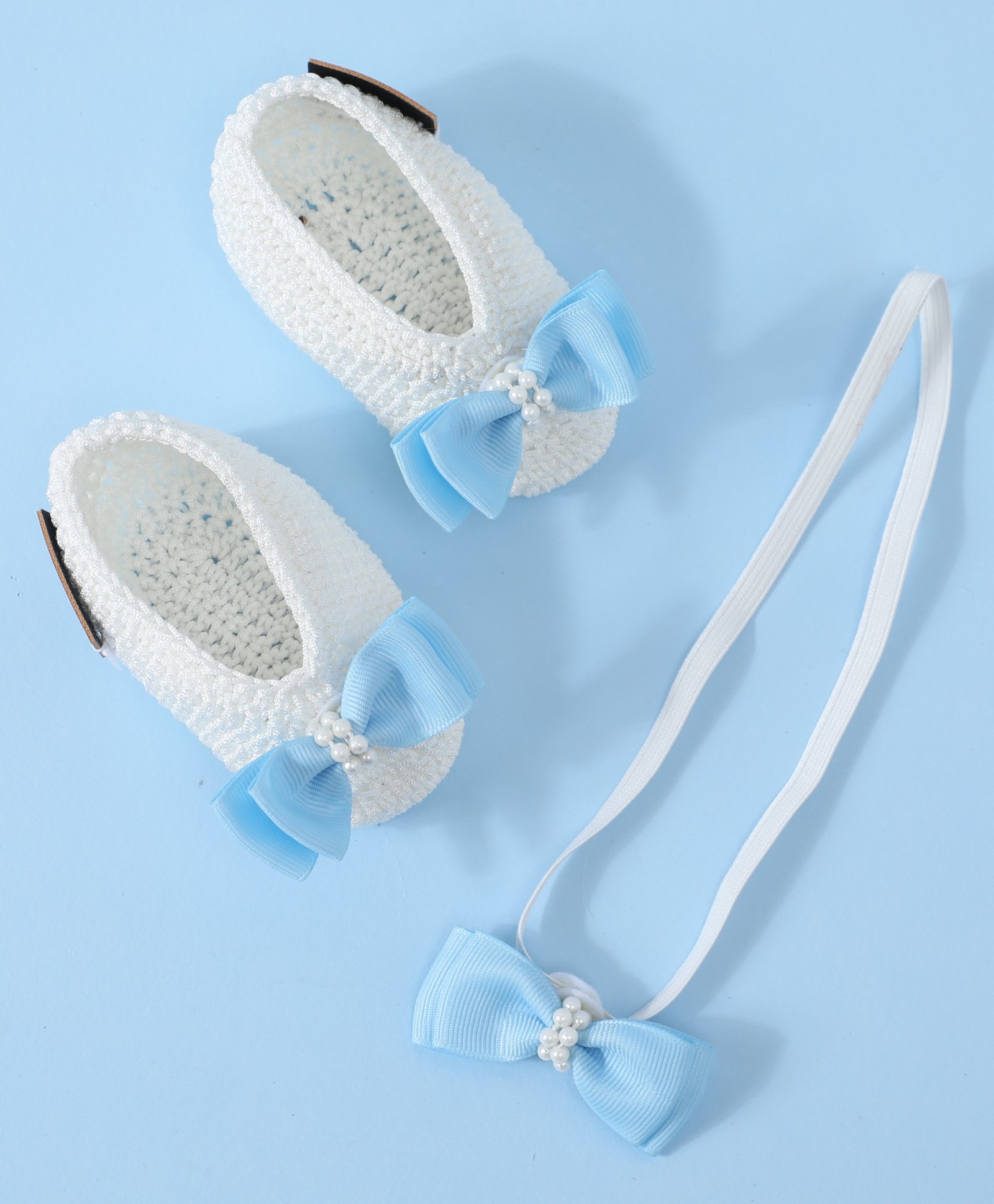 Funkrafts Handmade Crochet Bow Applique Detailed & Pearl Embellished Booties & Headband Set - White & Blue-picture-23