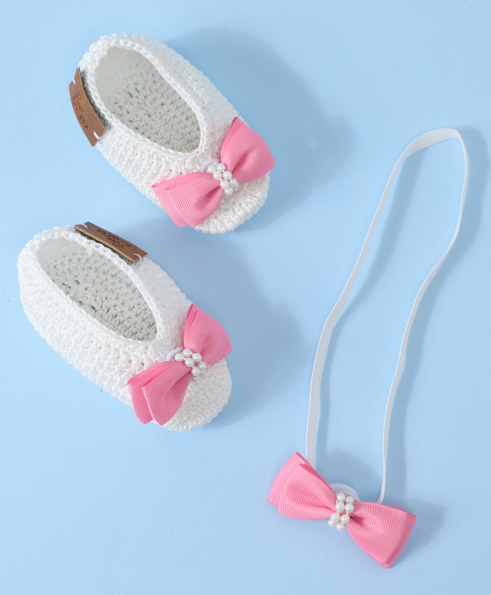 Funkrafts Handmade Crochet Bow Applique Detailed & Pearl Embellished Booties & Headband Set - White & Pink-picture-29