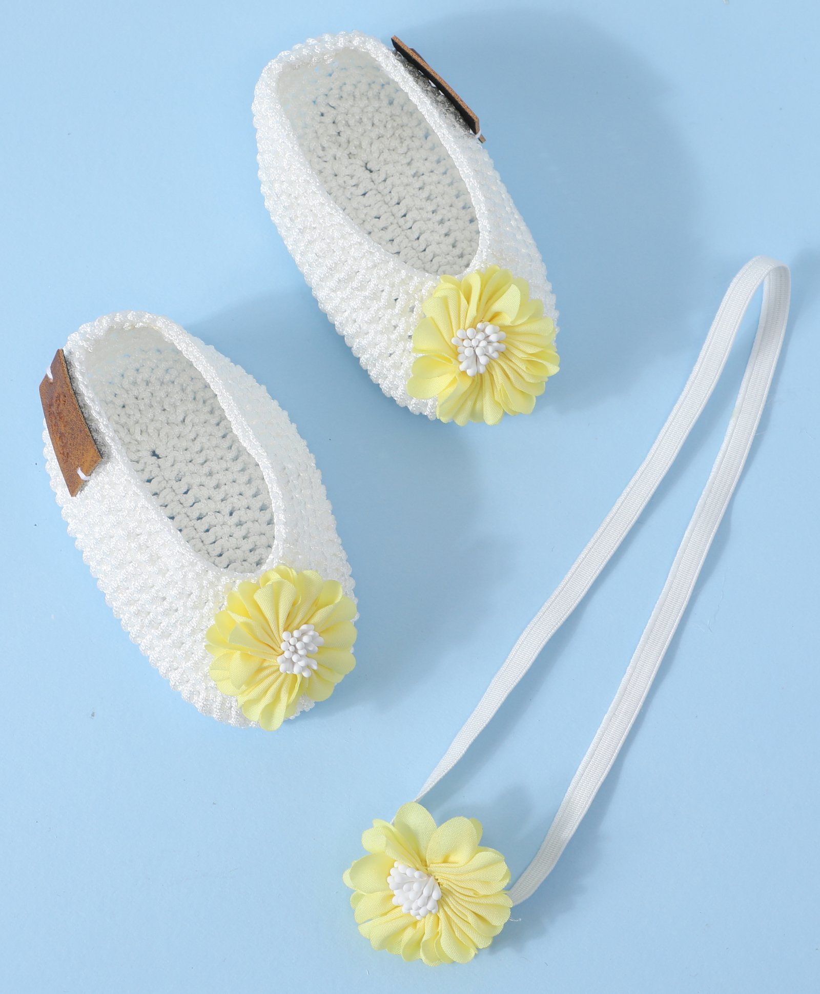 Funkrafts Handmade Crochet Floral Applique Detailed & Beads Embellished Booties & Headband Set - White & Yellow-picture-49