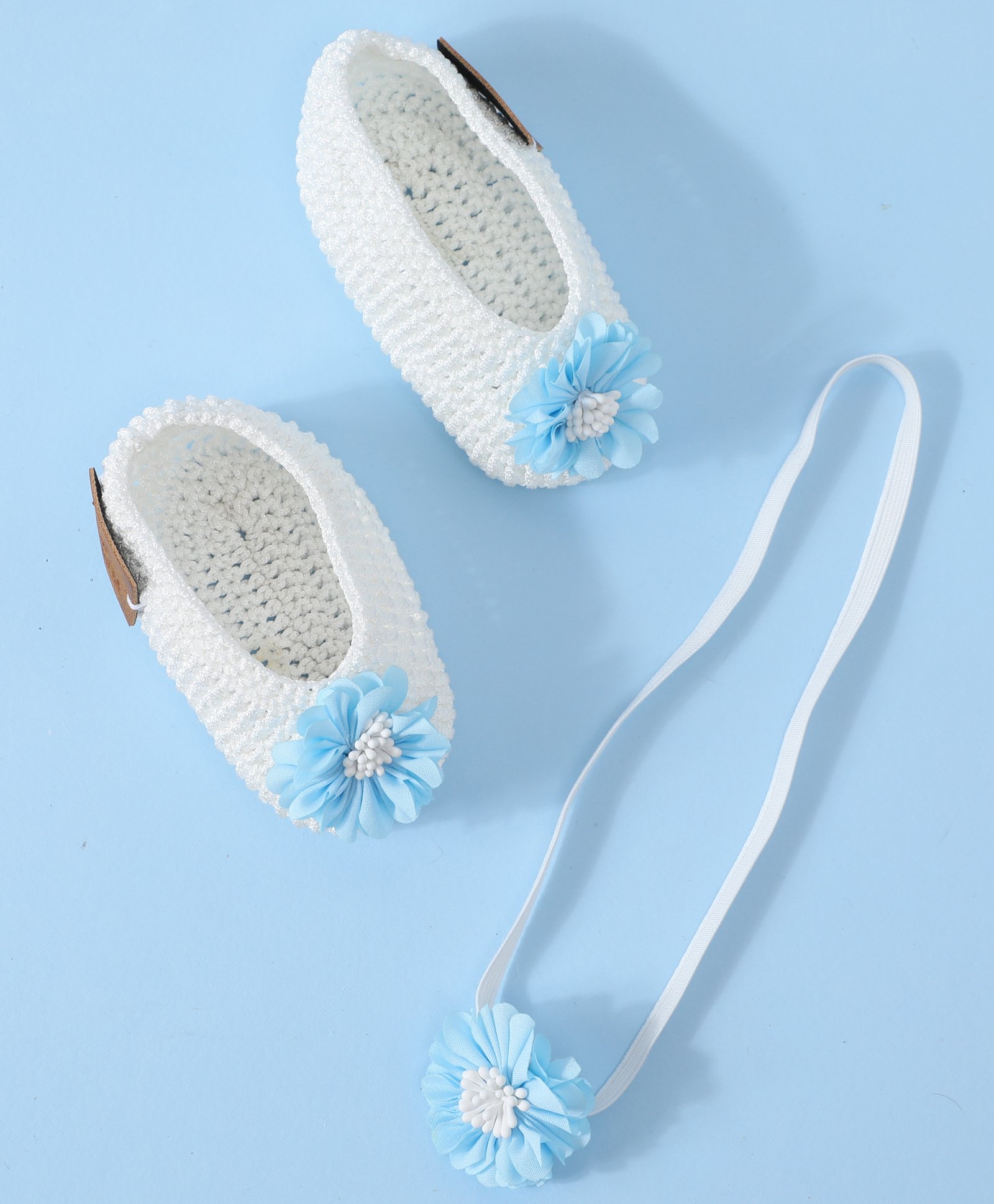 Funkrafts Handmade Crochet Floral Applique Detailed & Beads Embellished Booties & Headband Set - White & Blue-picture-48