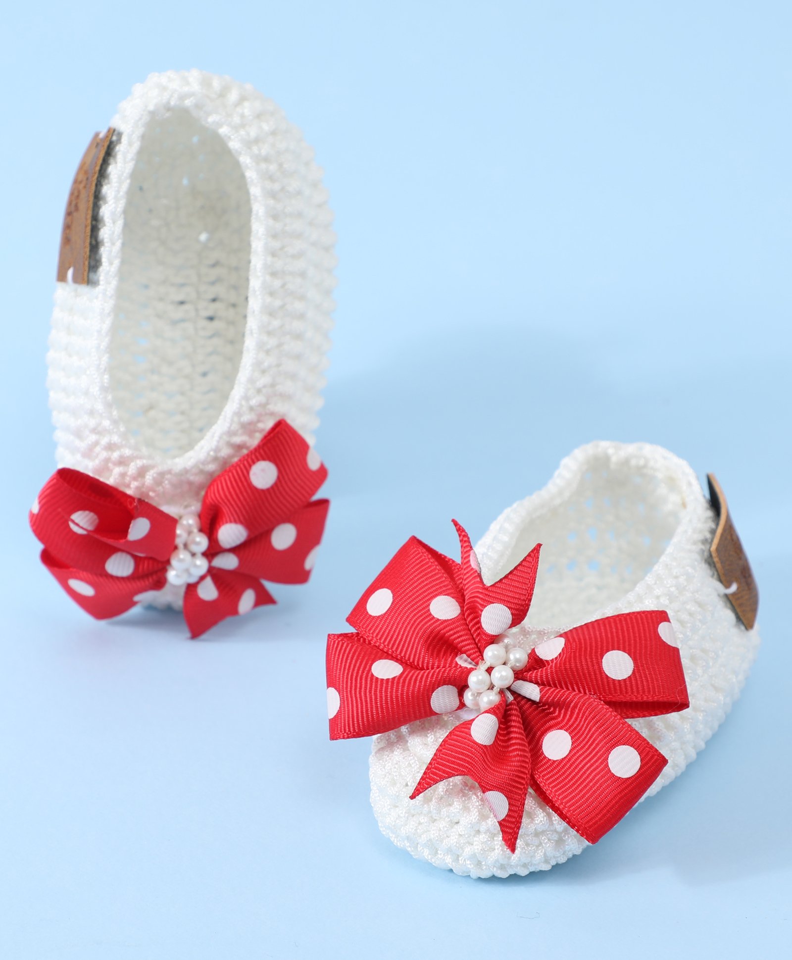 Funkrafts Handmade Crochet Embroidered Polka Dots Detailed Bow Applique Detailed Booties - Red & White-picture-0