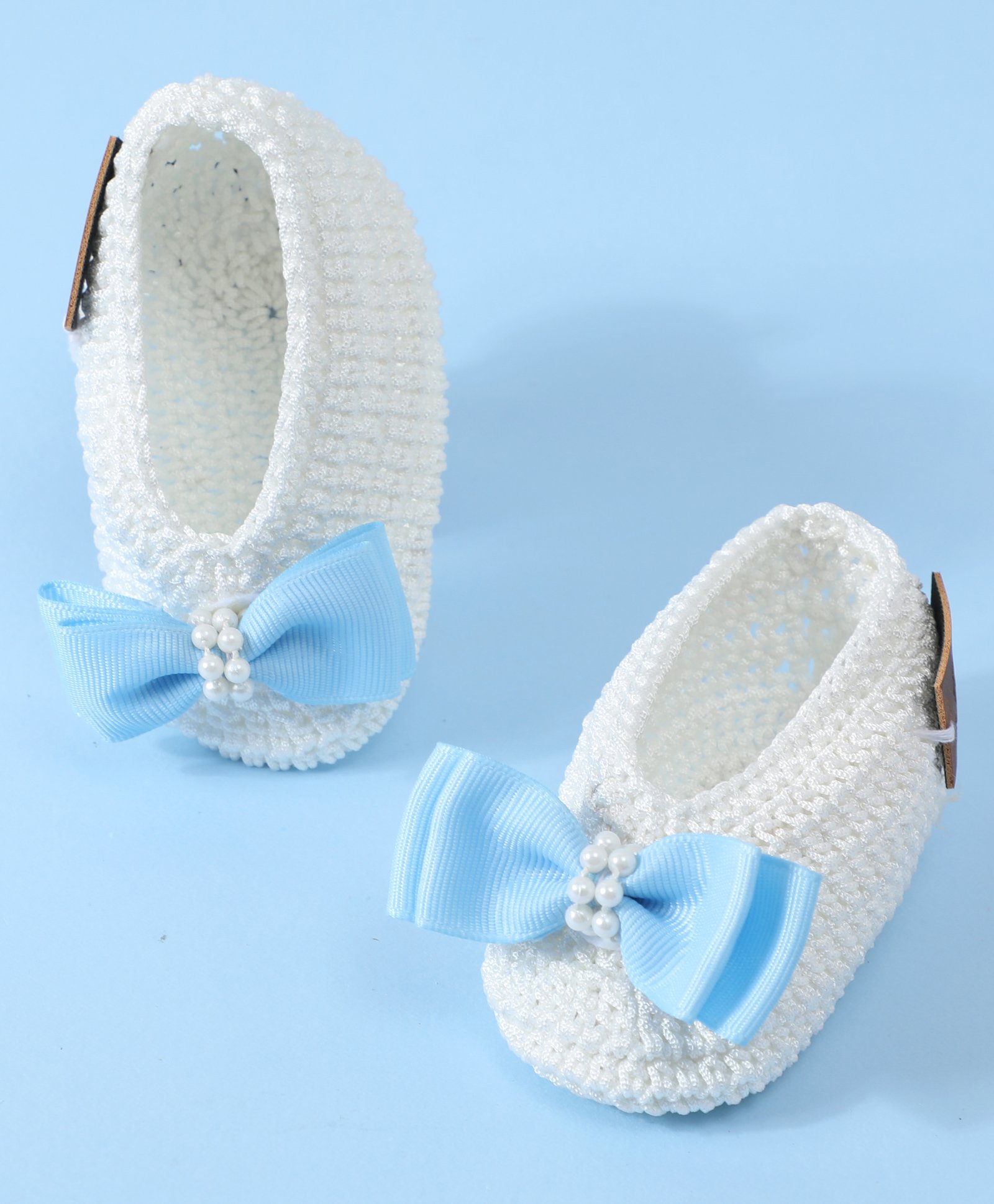 Funkrafts Handmade Crochet Embroidered Bow Designed Booties - Blue & White-picture-26