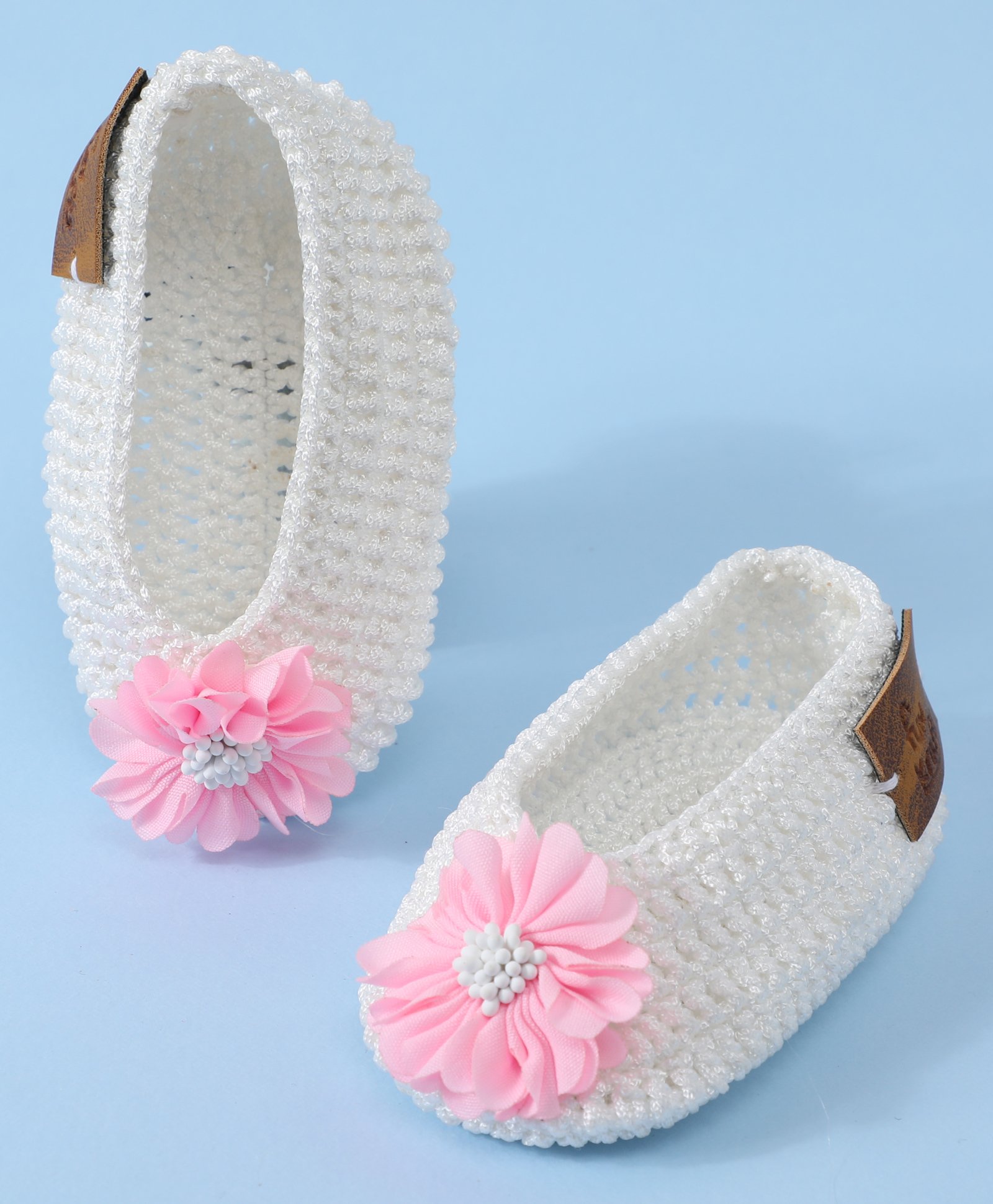 Funkrafts Handmade Crochet Embroidered Floral Applique Detailed Booties - Pink & White-picture-14