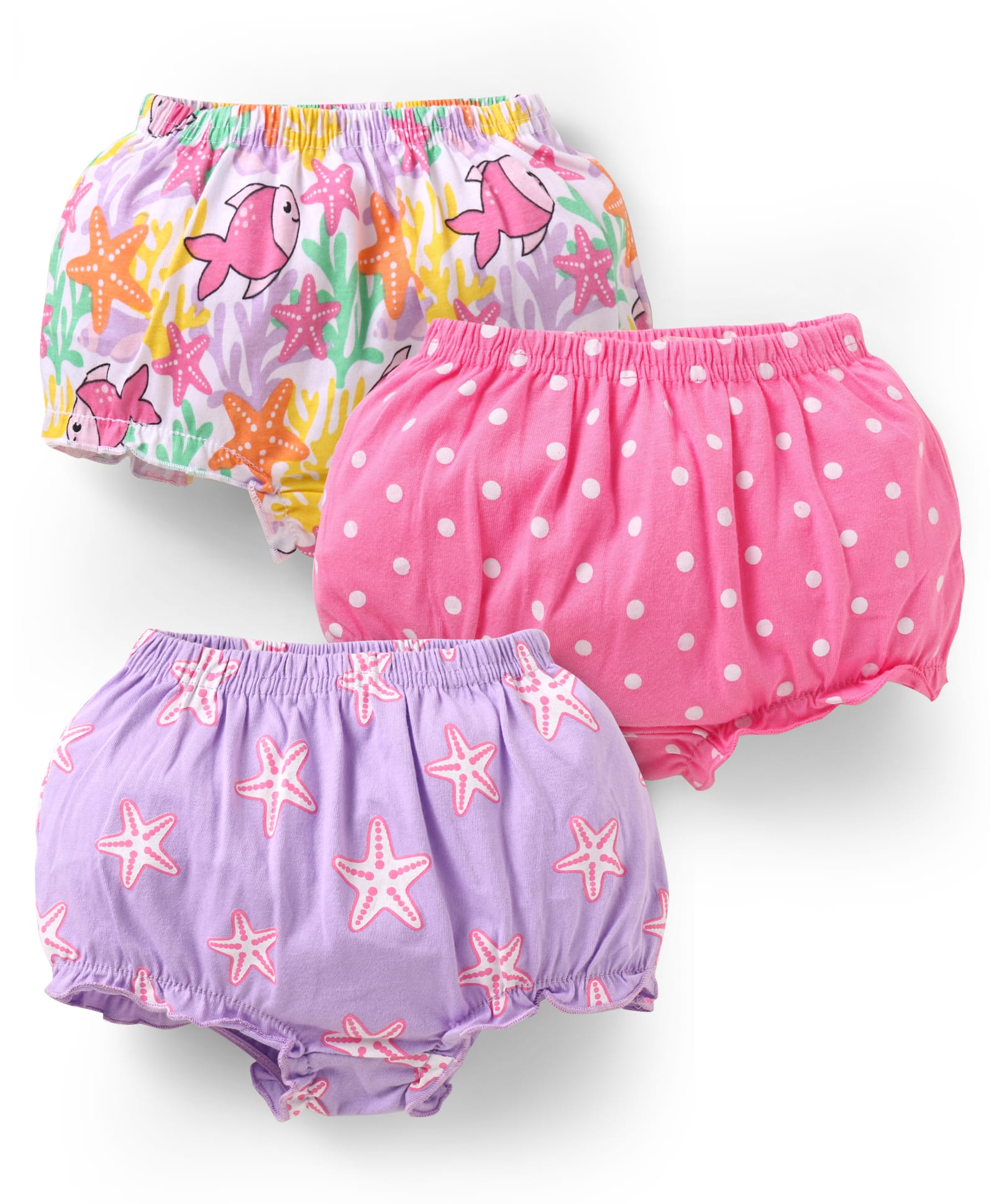 Babyhug 100% Cotton Knit Bloomers with Sea Life & Polka Dots Print Pack of 3 - Lilac Pink & White-image-37