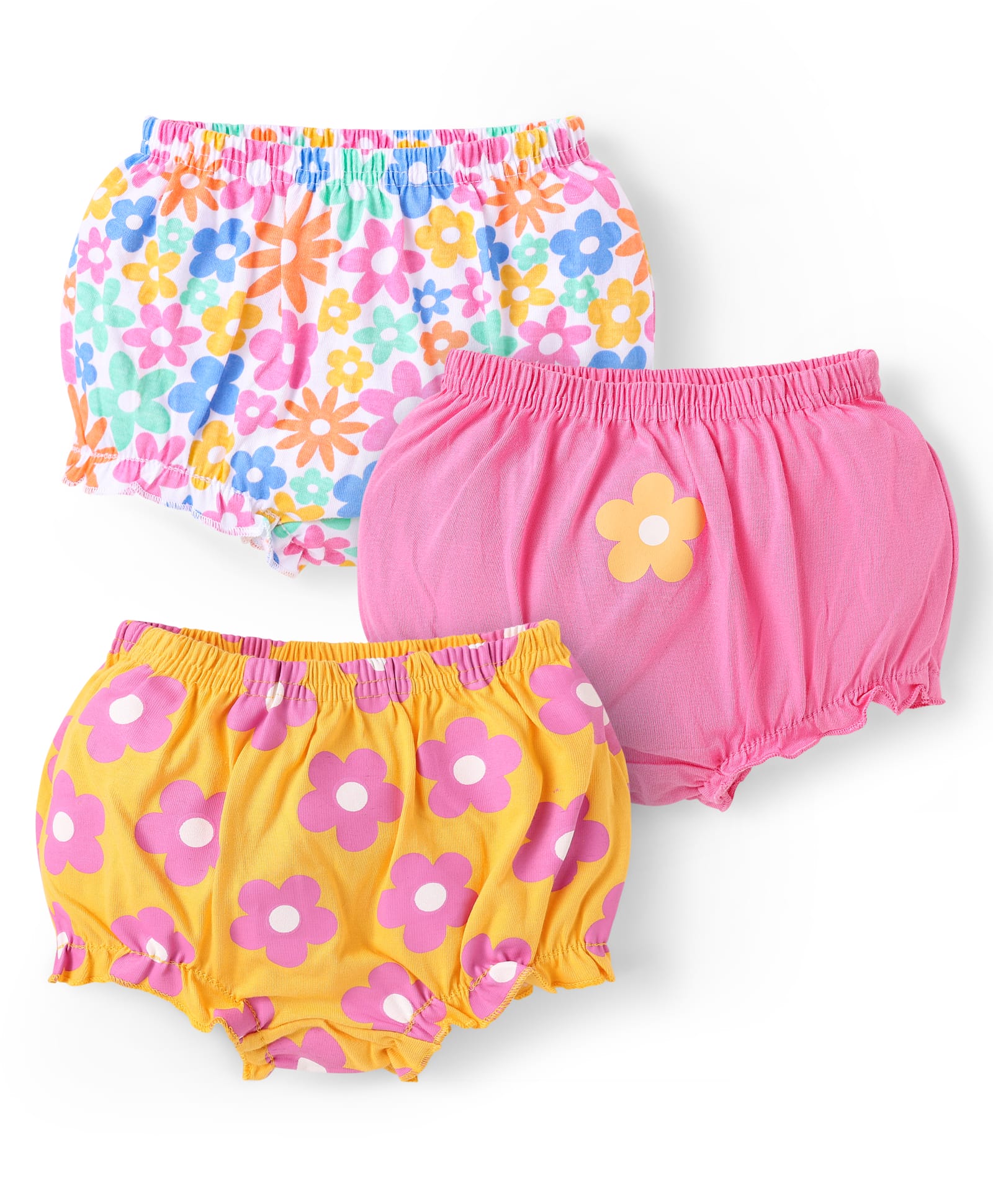 Babyhug 100% Cotton Single Jersey Knit Antibacterial Bloomers With Floral Print Pack Of 3 - Pink Orange & White