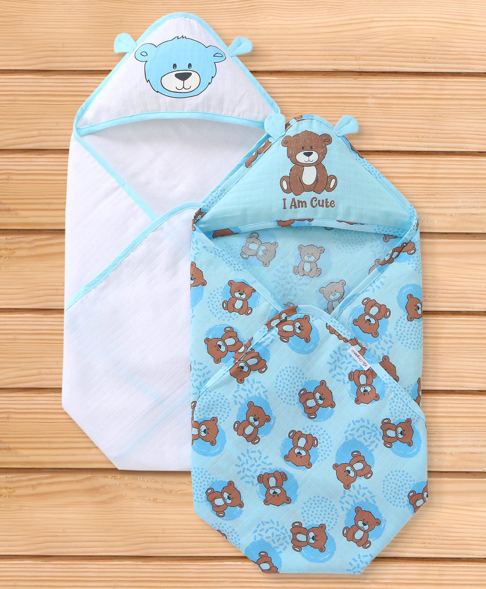 Babyoye Cotton Woven Hooded Towel With Bear Print Pack Of 2 L 81 x B 81 cm - Blue & White-picture-17