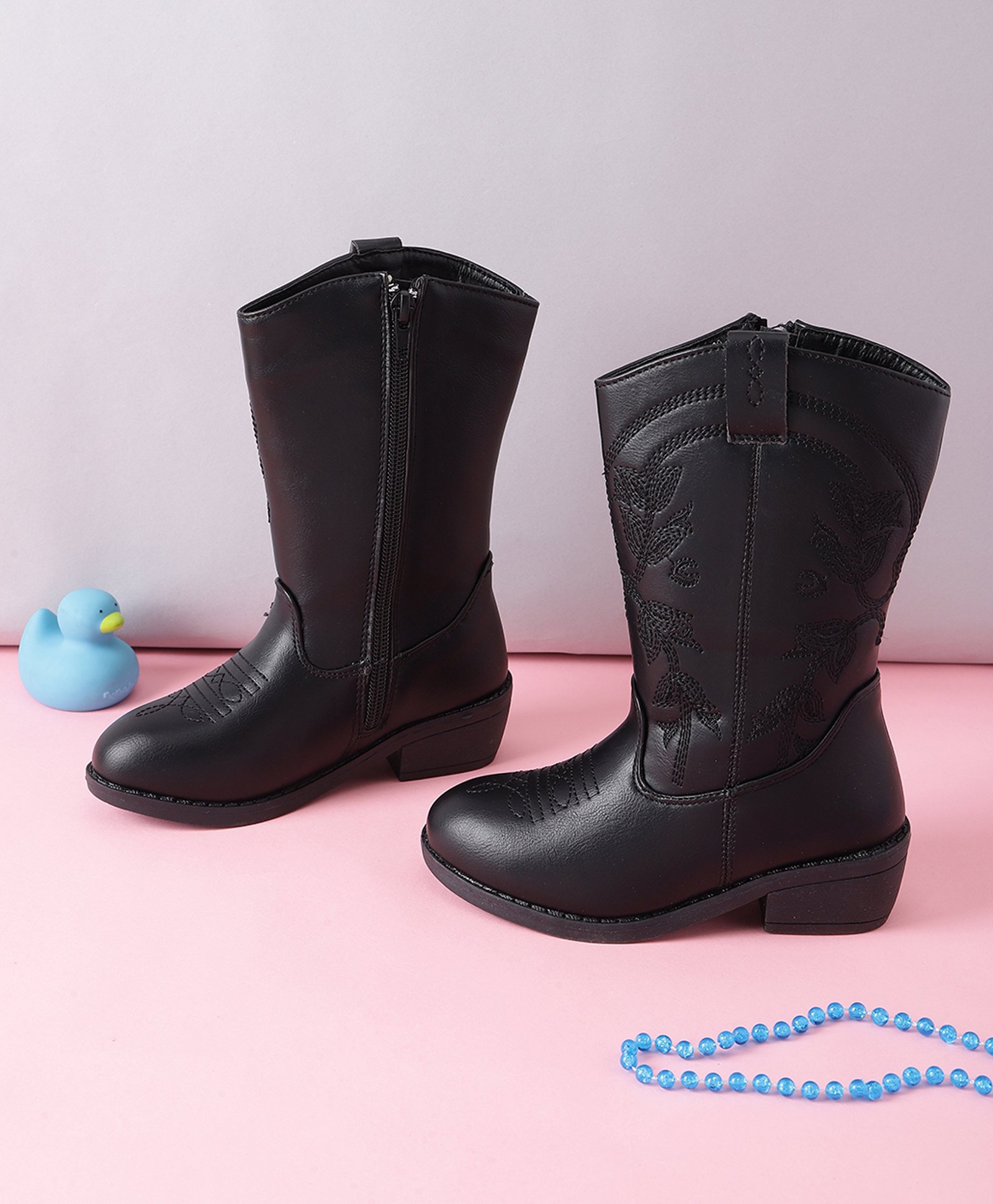 TRUFFLE COLLECTION Leaves Designed Zipper Boots - Black-image-3