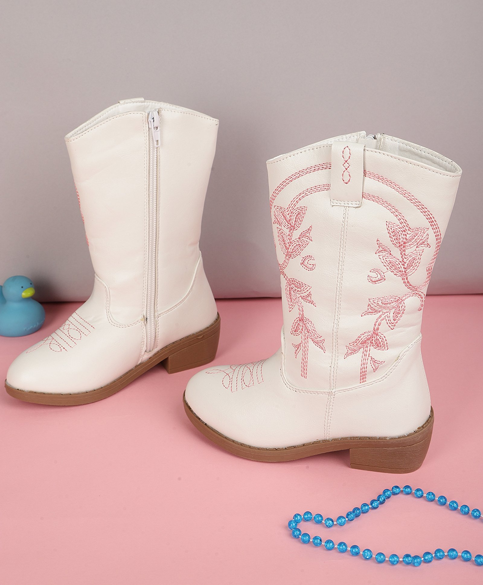 TRUFFLE COLLECTION Leaves Designed Zipper Boots - White & Pink