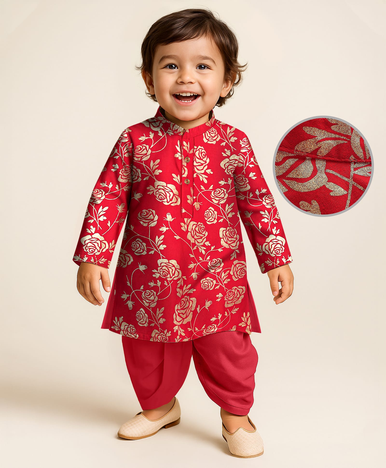 Earthy Touch Single Jersey Knit Full Sleeves Kurta Dhoti Set with Floral Foil Print - Red-picture-19