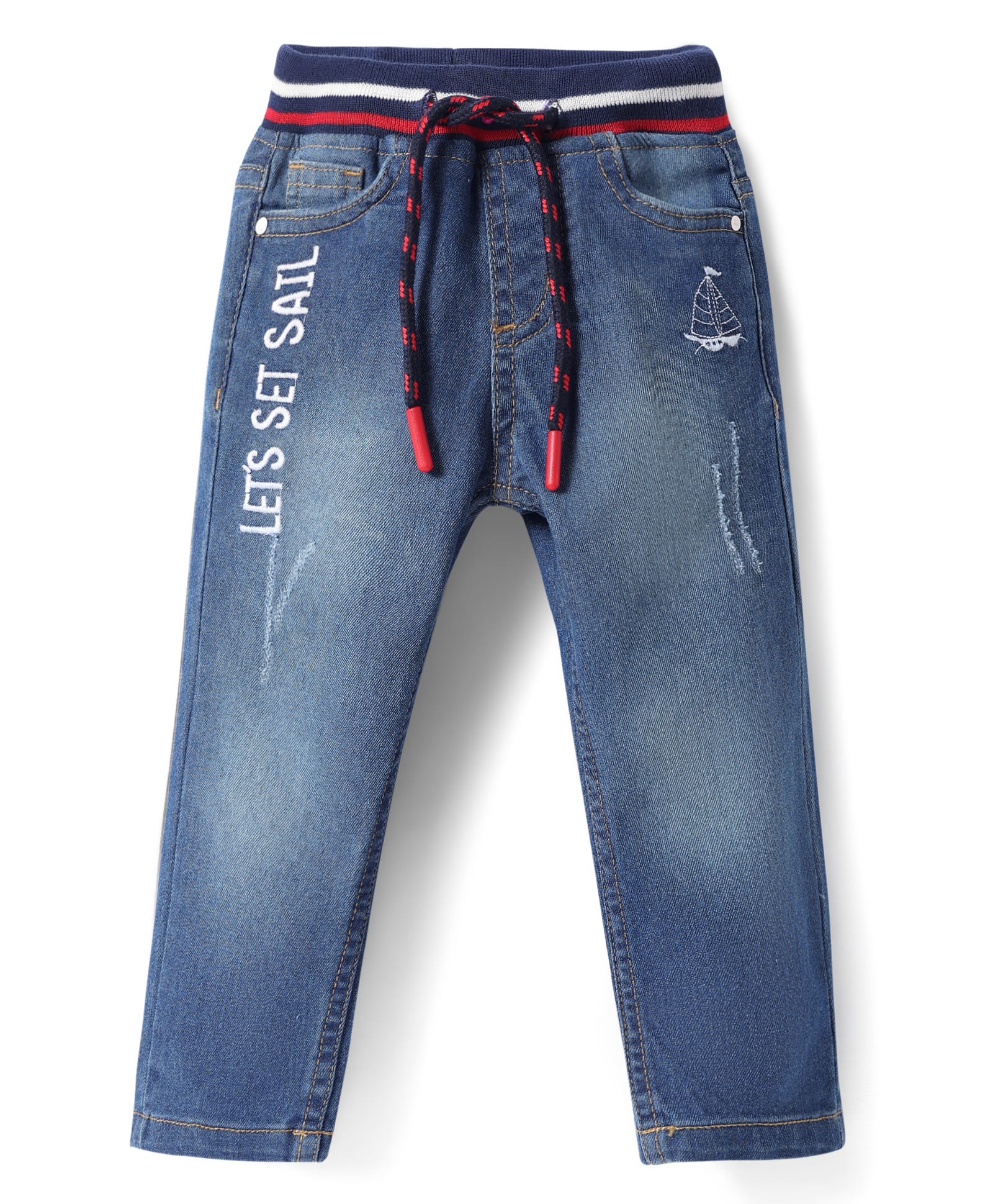 Babyhug Cotton Denim Full Length Washed Jeans With Stretch & Logo Text Print - Blue-picture-19