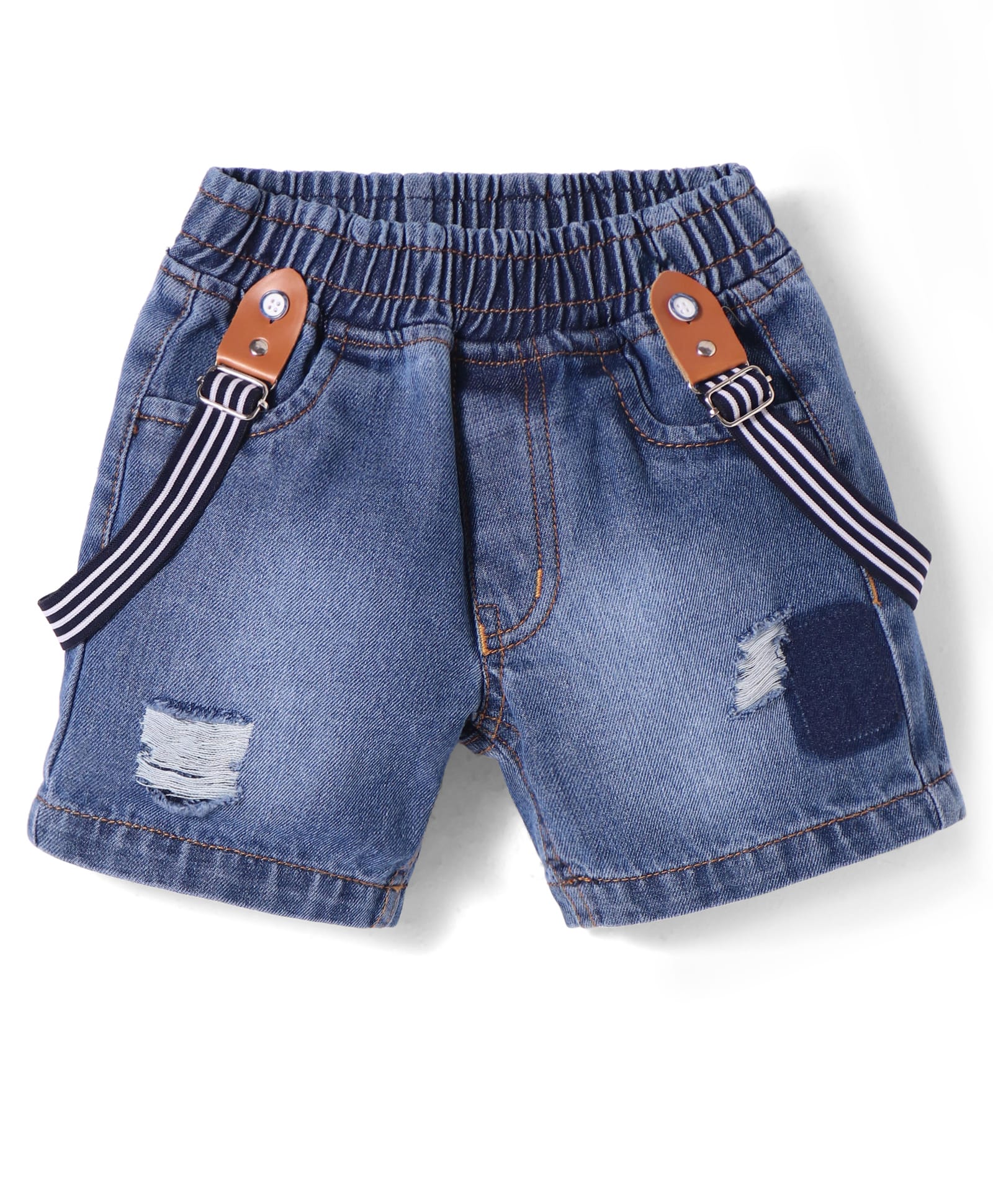 Little Kangaroos Knee Length Solid Denim Shorts With Distressed Pattern & Suspender - Navy Blue-picture-24