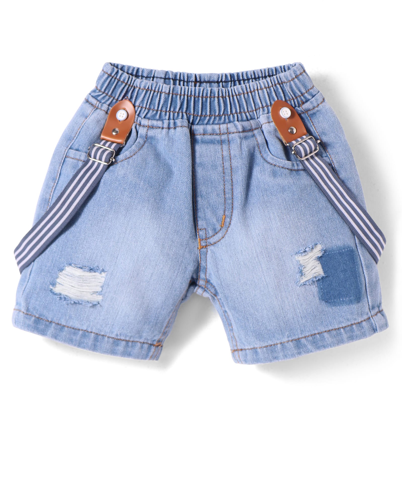 Little Kangaroos Knee Length Solid Denim Shorts With Distressed Pattern & Suspender - Medium Blue-image-32