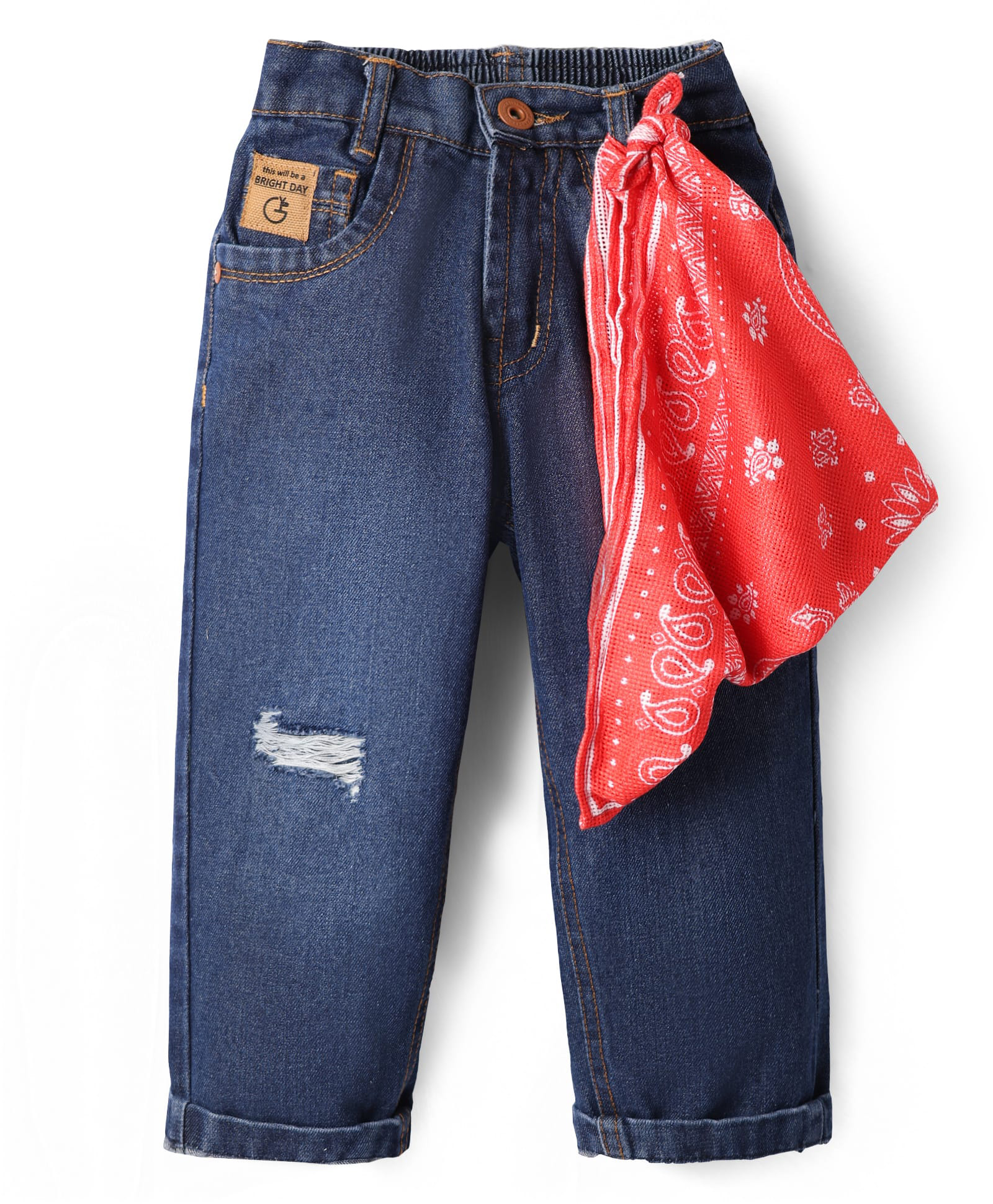 Little Kangaroos Full Length Anti Bacterial Washed Denim Jeans With Distressed Pattern & Scarf - Navy Blue-picture-17