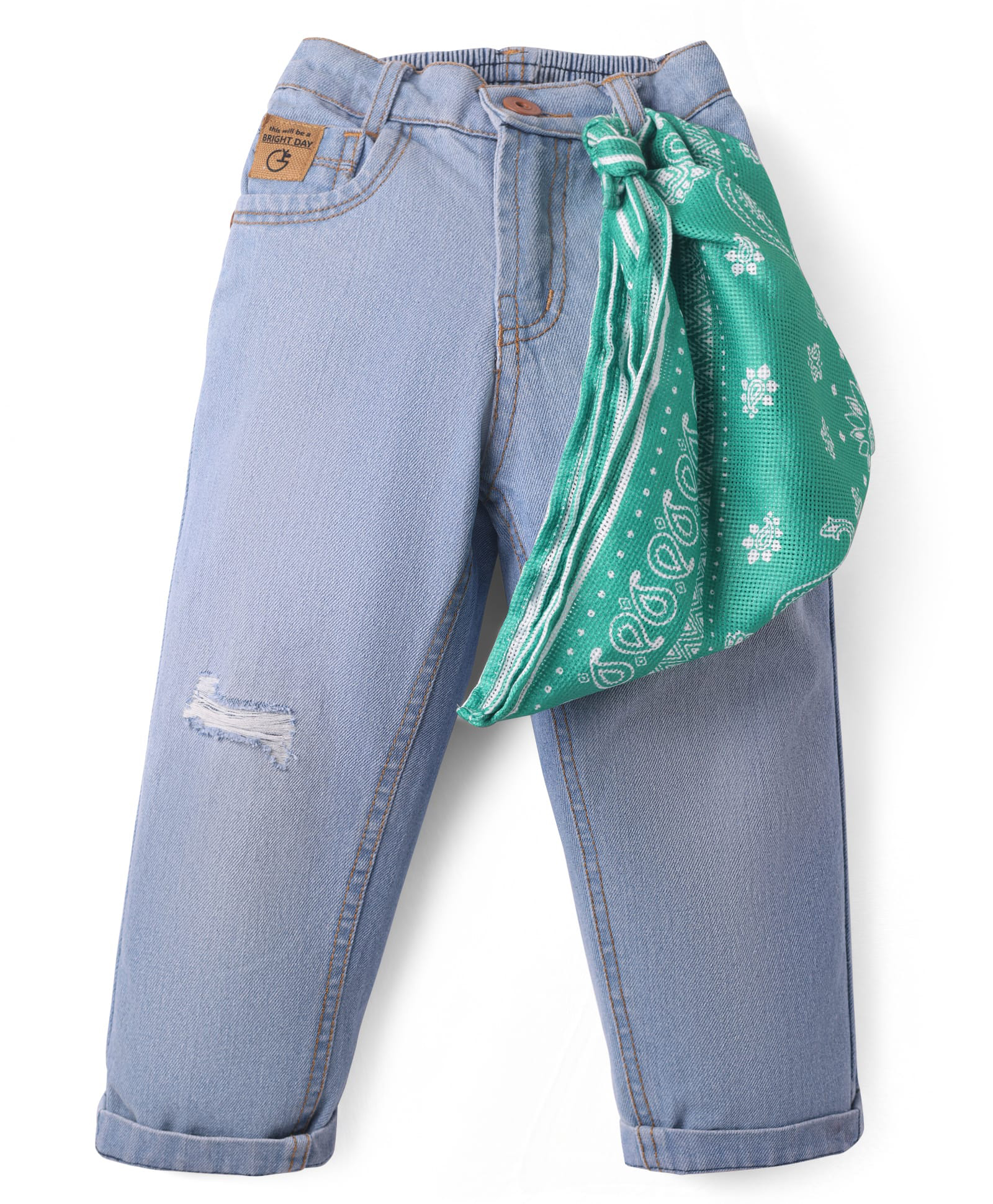 Little Kangaroos Full Length Anti Bacterial Washed Denim Jeans With Distressed Pattern & Scarf - Blue-picture-16