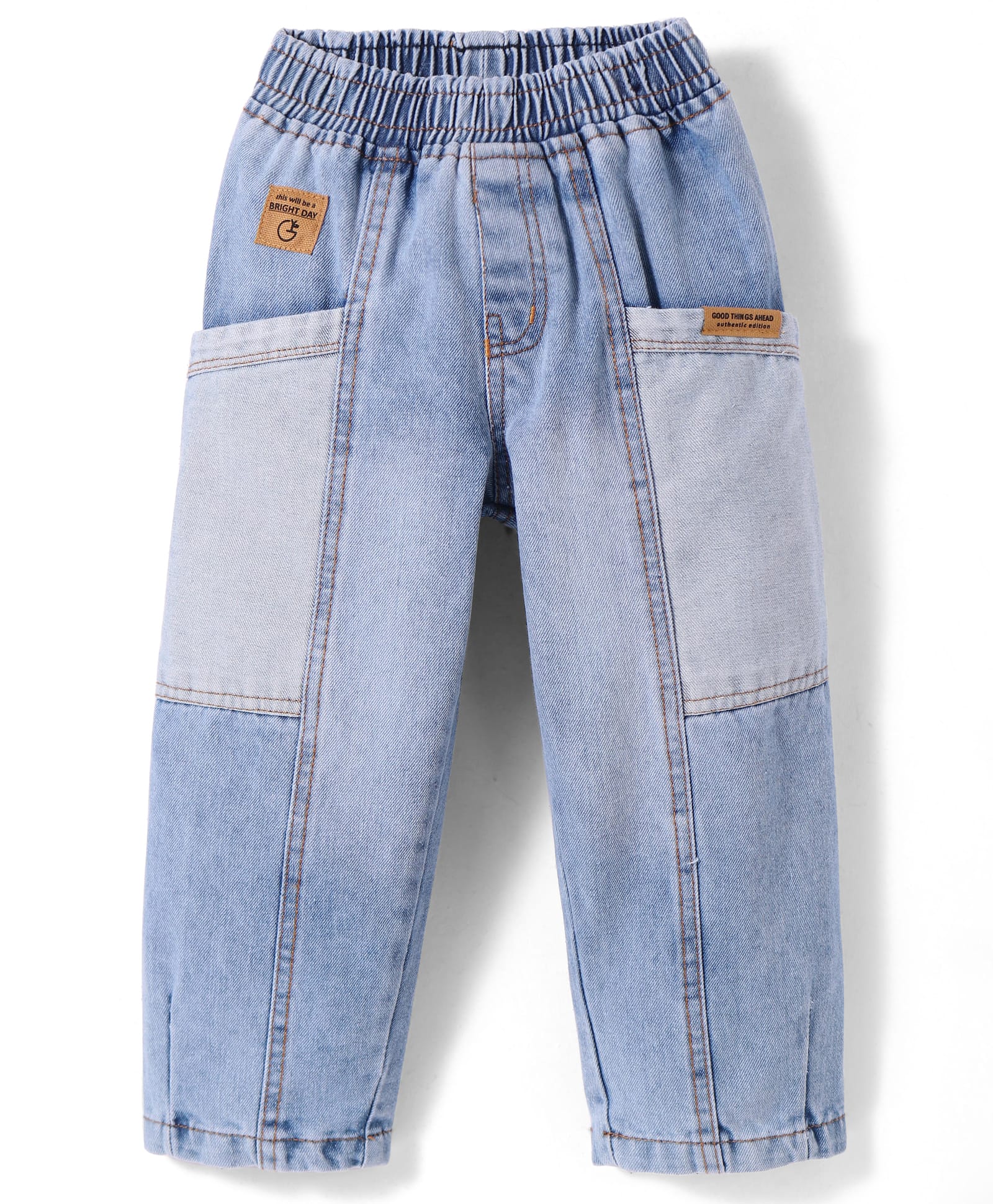 Little Kangaroos Full Length Washed Denim Jeans With Cut & Sew Design - Medium Blue-picture-14
