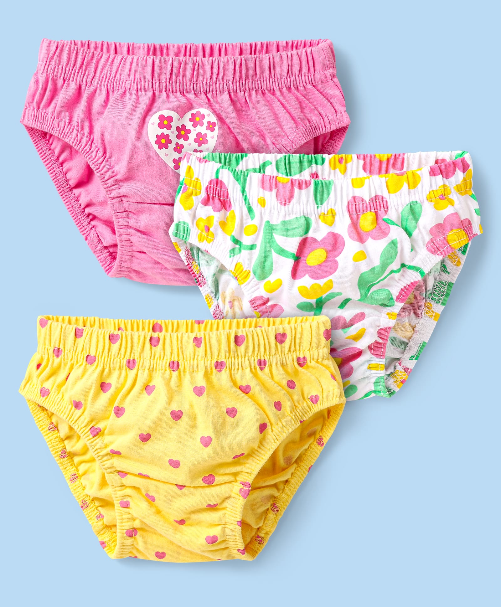 Babyhug Single Jersey Knit Antibacterial PantiesWith Heart & Floral Print Pack Of 3 - Yellow Pink & White-picture-24