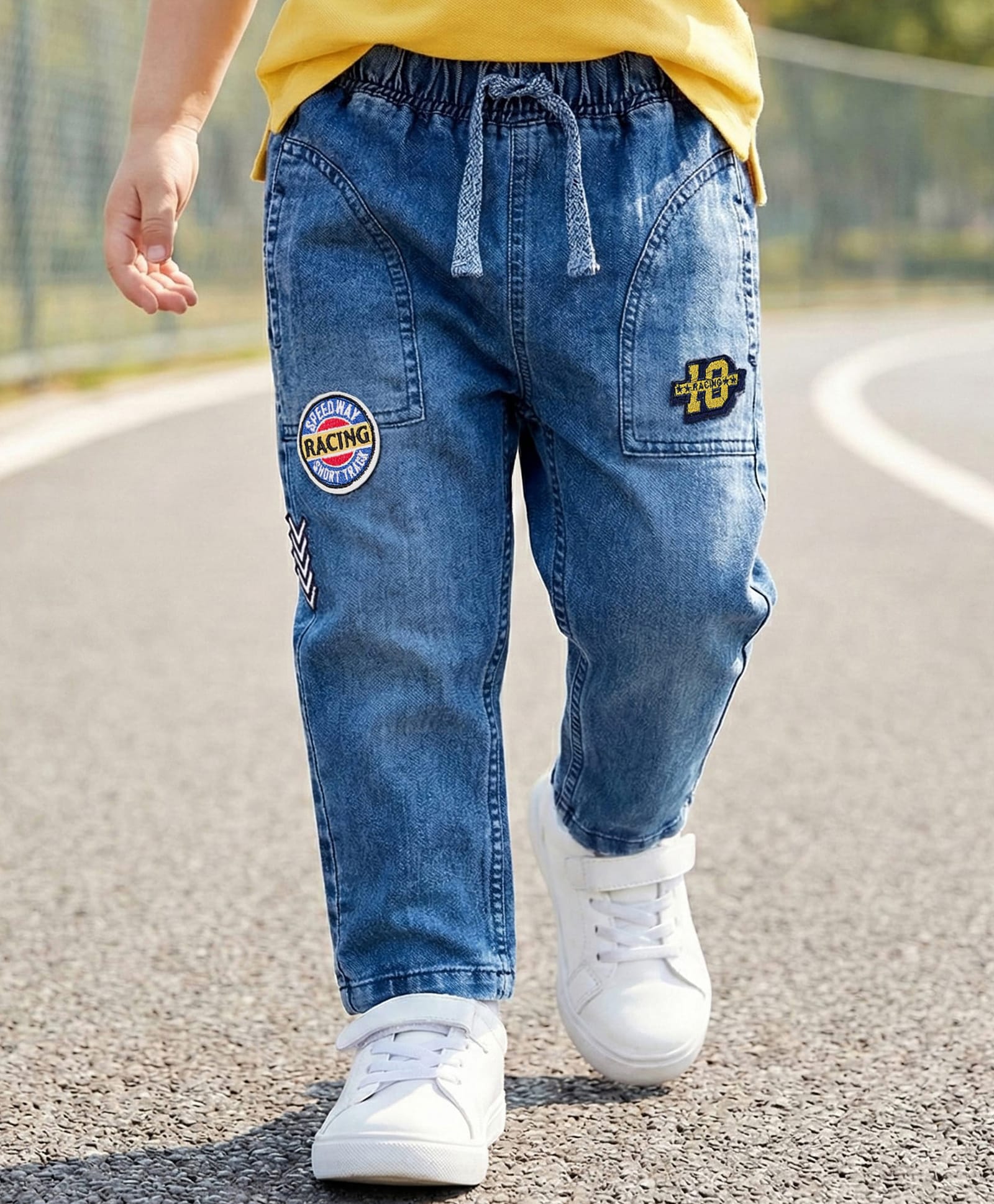 Babyhug Full Length Washed Denim Jeans With Stretch & Patch Detailing - Blue-picture-24