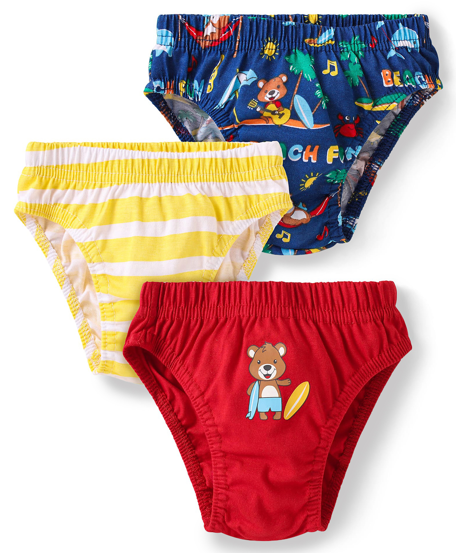 Babyhug 100% Cotton Knit Antibacterial Briefs with Beach Theme Print & Stripes Pack of 3 - Red Navy Blue & Yellow-image-49