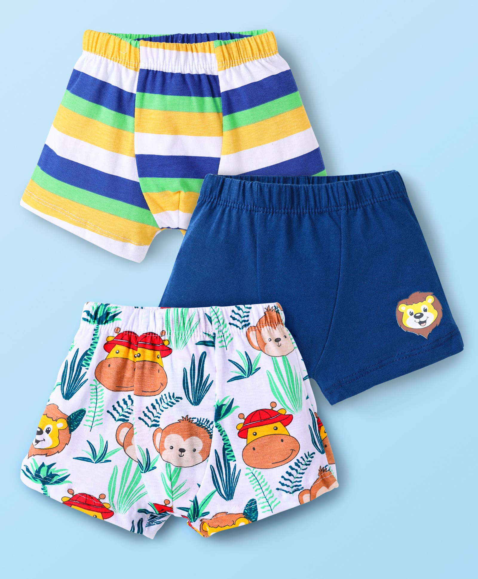 Babyhug 100% Cotton Single Jersey Knit Antibacterial Trunks With Stripes & Animal Print Pack Of 3 - Blue Yellow & White-image-25