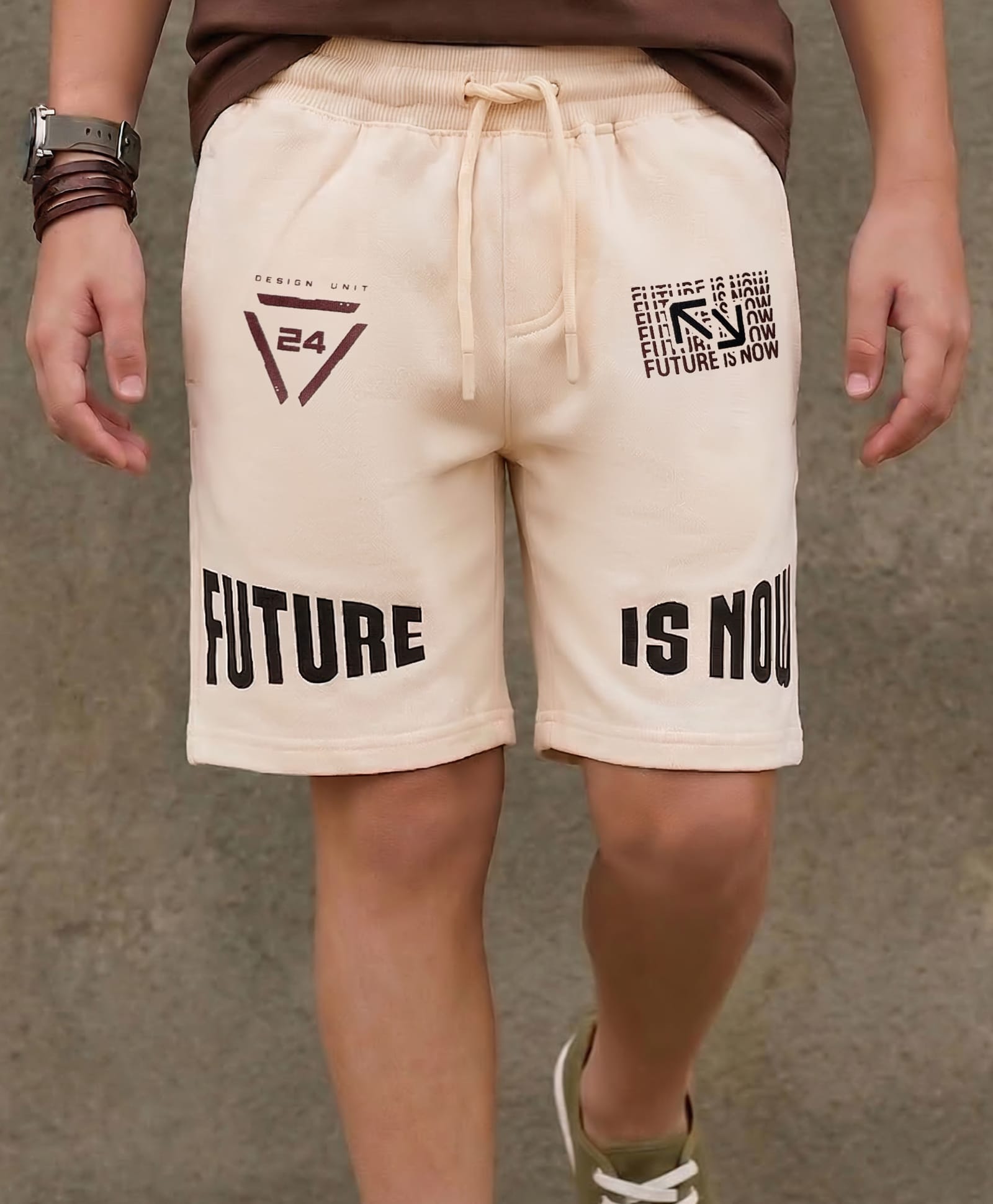 Pine Kids Looper Knit Knee Length Shorts with Text Print - Beige-image-26
