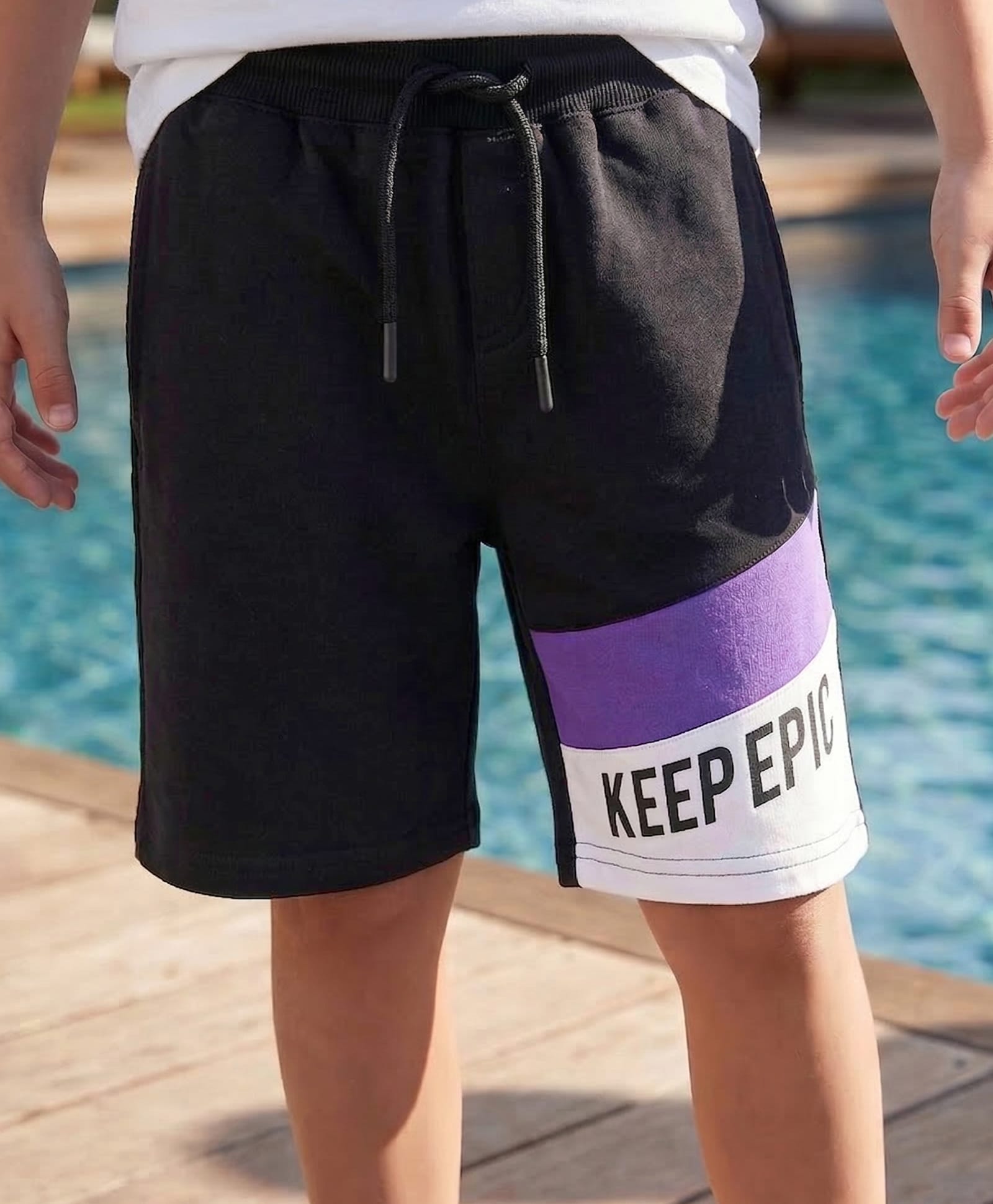 Pine Kids Looper Knit Knee Lenght Cut & Sew Shorts with Text Print - Black-image-34