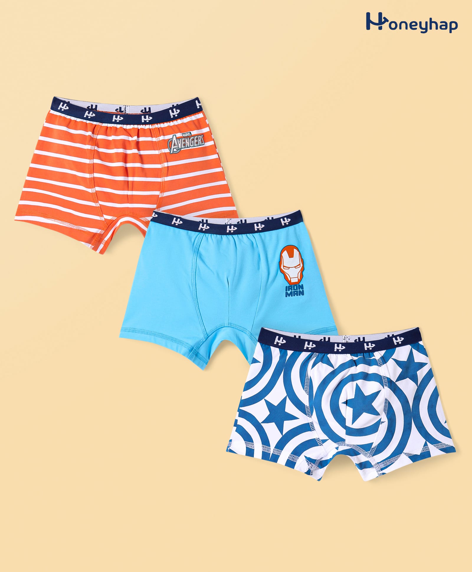Honeyhap Marvel Cotton Lycra Knit Trunks With Avengers Graphic Pack of 3 - Blue Red & White-image-32