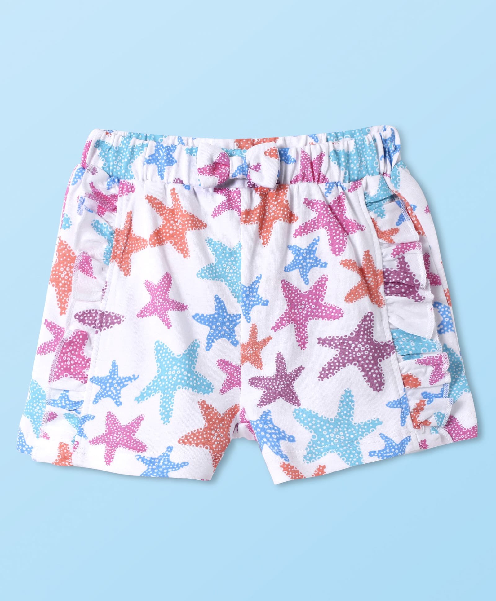 Babyhug Cotton Knit Mid Thigh Shorts with Star Print& Bow Applique - White-image-40