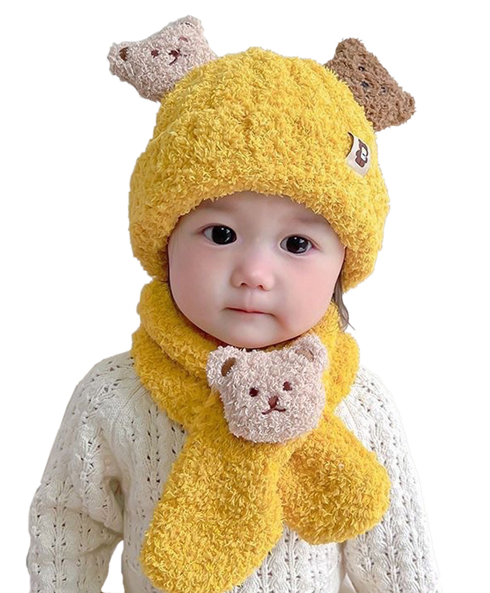 Babymoon Fleece Bear Applique Designed Cap With Scarf - Yellow-image-1