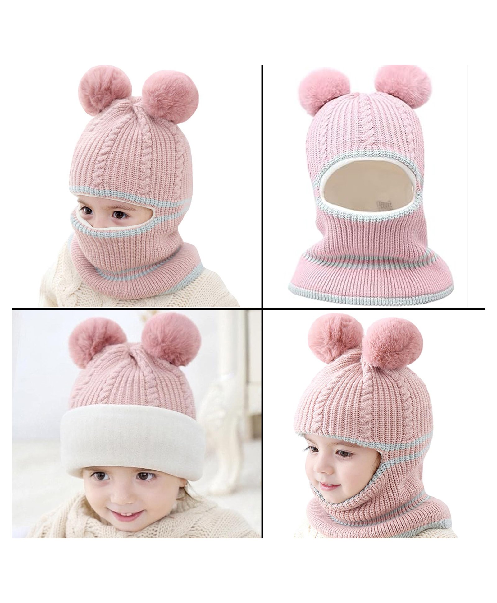 Babymoon Woollen Sefl Designed & Pom Pom Embellished Monkey Cap - Pink-image-2