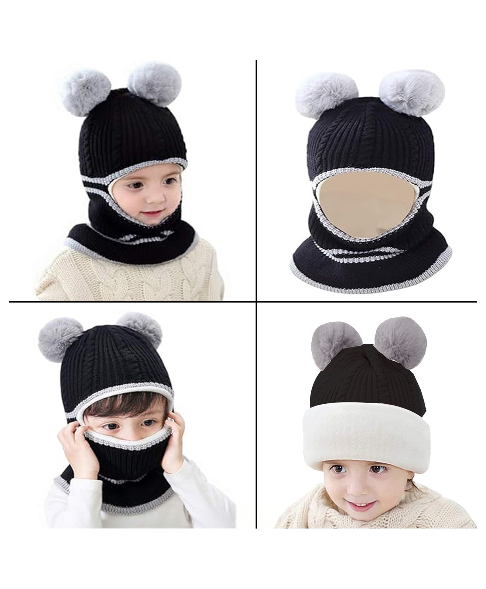 Babymoon Woollen Sefl Designed & Pom Pom Embellished Monkey Cap - Black-picture-23