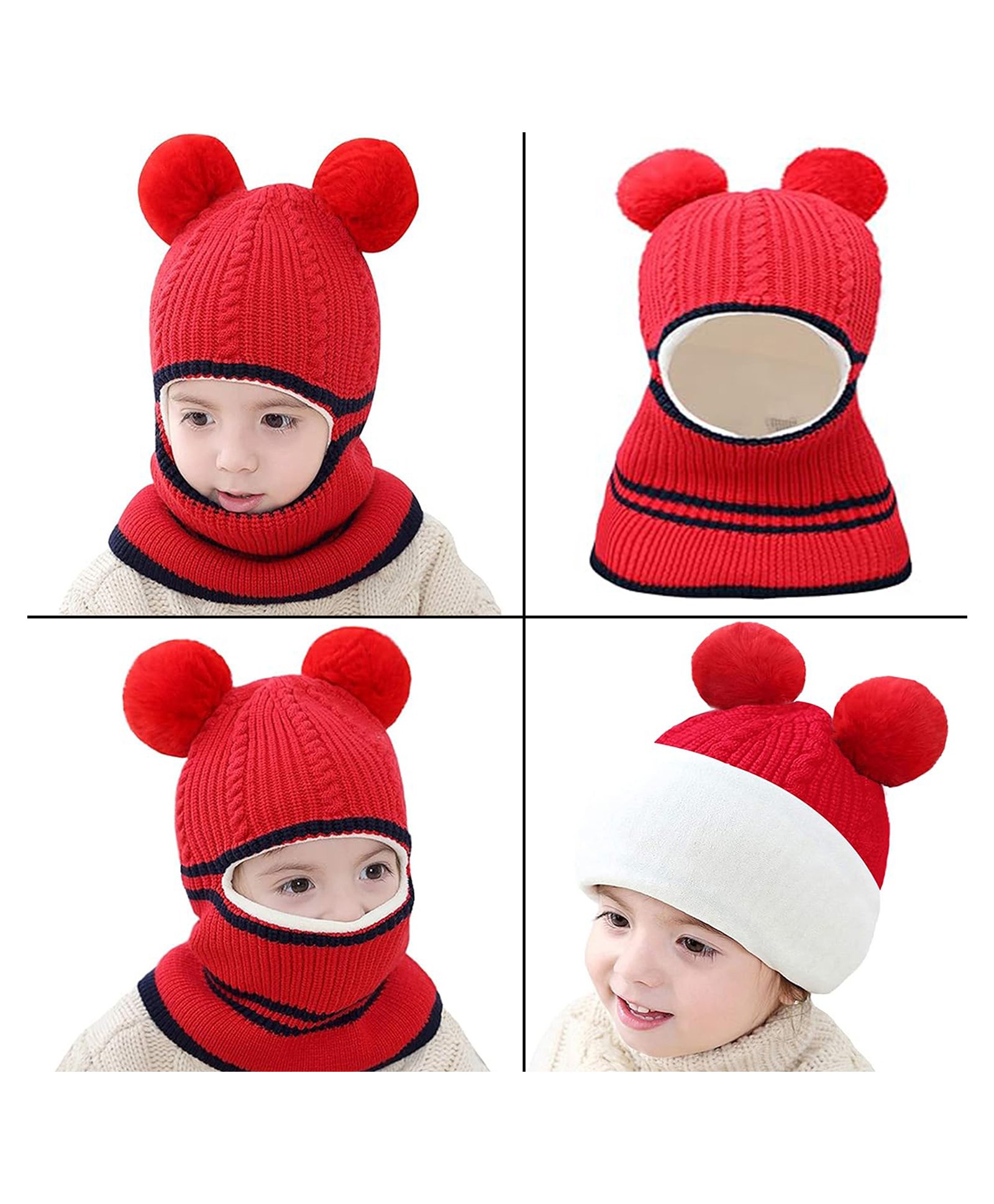 Babymoon Woollen Sefl Designed & Pom Pom Embellished Monkey Cap - Red-picture-15