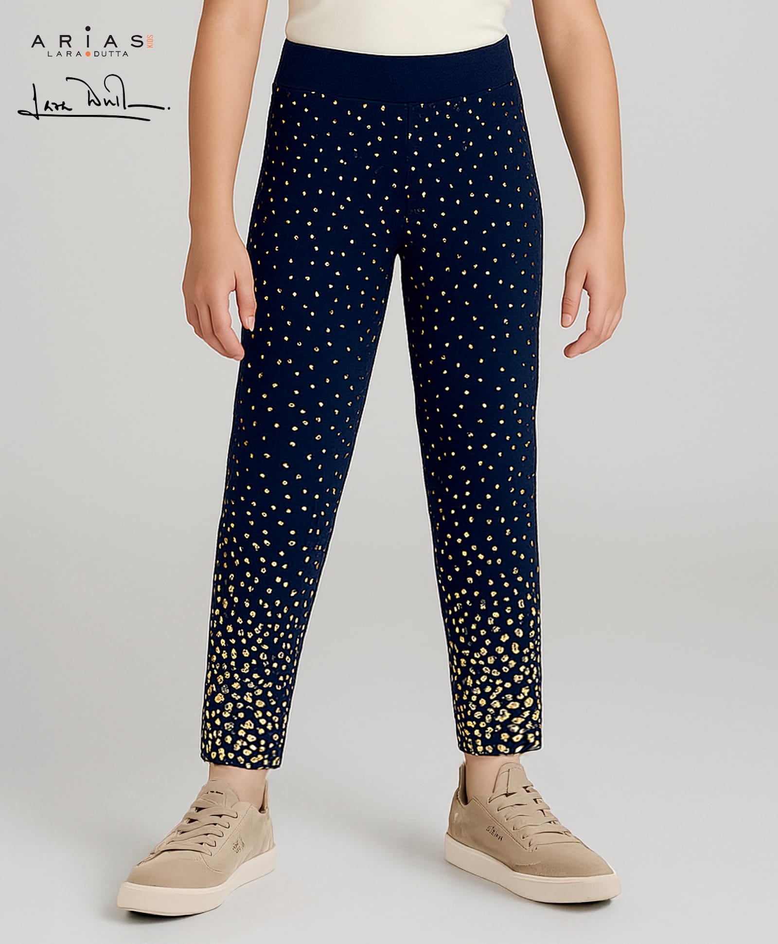 arias by lara dutta Arias Cotton Elastane Knit Full Length Leggings With Foil Print & Elasticated Waist - Navy Blue-picture-35