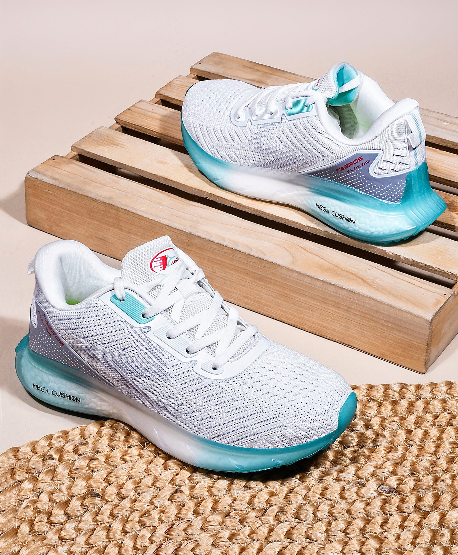 ABROS Mesh Detailed Colour Blocked Shoes - White & Mint Blue-image-39