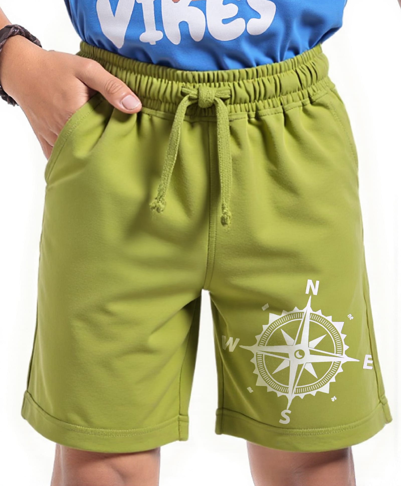 Pine Kids Looper Knit Above Knee Length Shorts With Compass Print - Olive Green-image-45