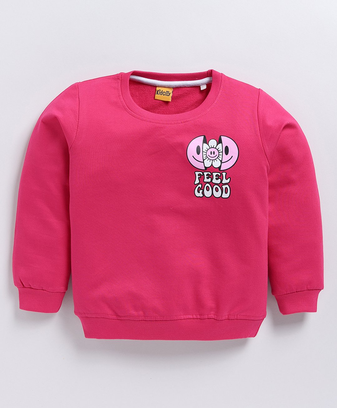 Kidcity Cotton Looper Full Sleeves Feel Good Text Printed Sweatshirt - Rani Pink-image-12